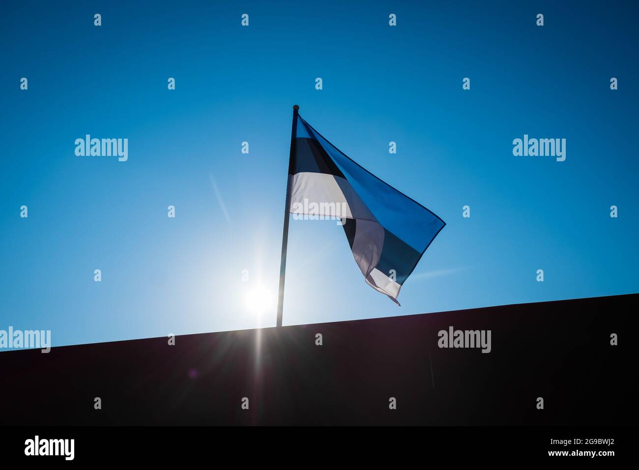 Flag of Estonia on blue sky background. Estonian flag waving in wind ...