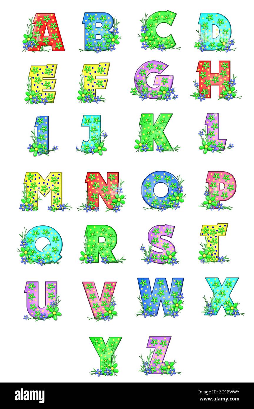 Vivid colored letters are decorated with 3d flowers and leaves.  Letters A to Z sit on a white background. Stock Photo