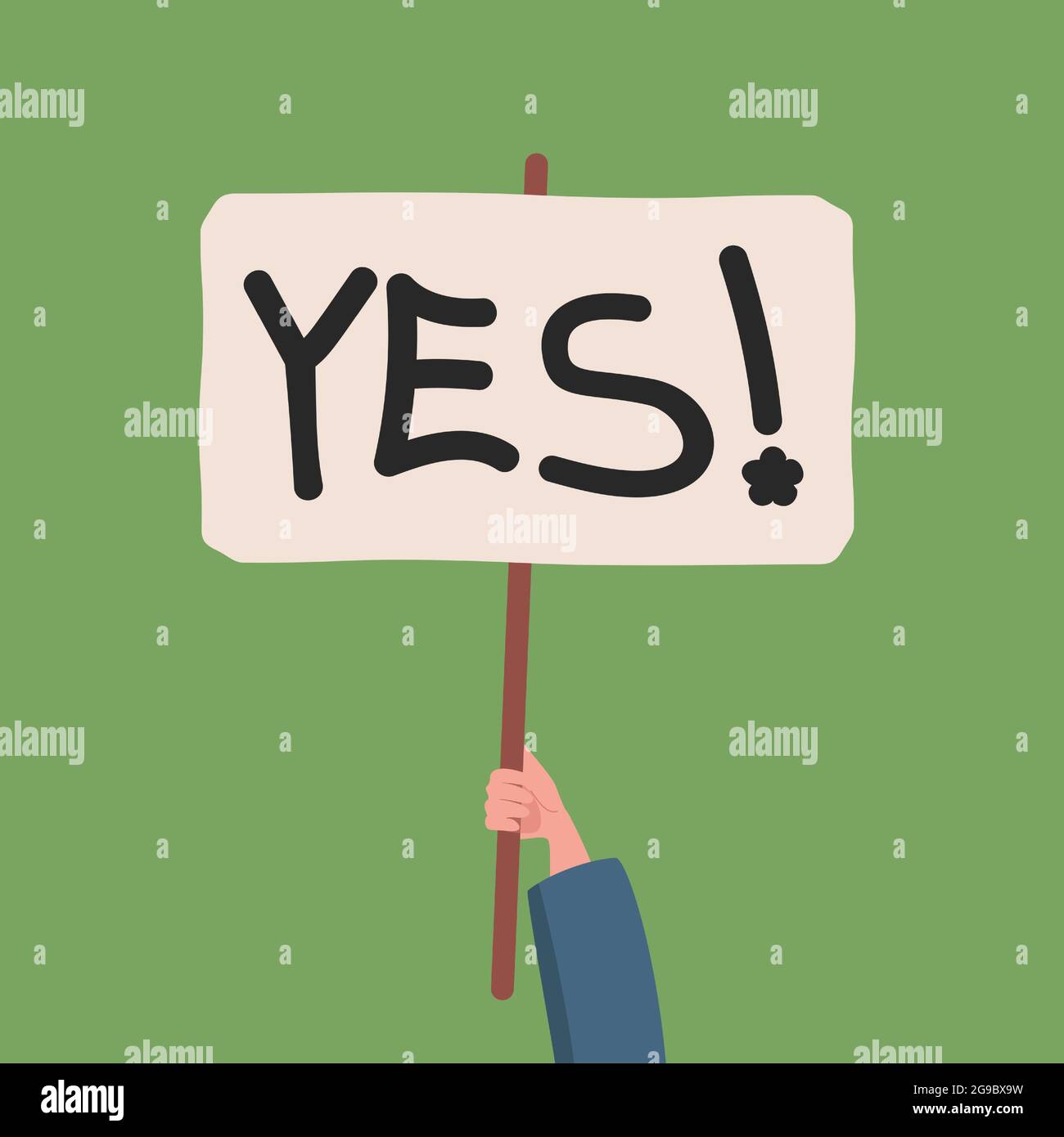 Hand holding banner with yes word vector flat illustration. Supporting something, voting positively, social movement, meeting, demonstration, activism concept. Human arm with poster. Stock Vector