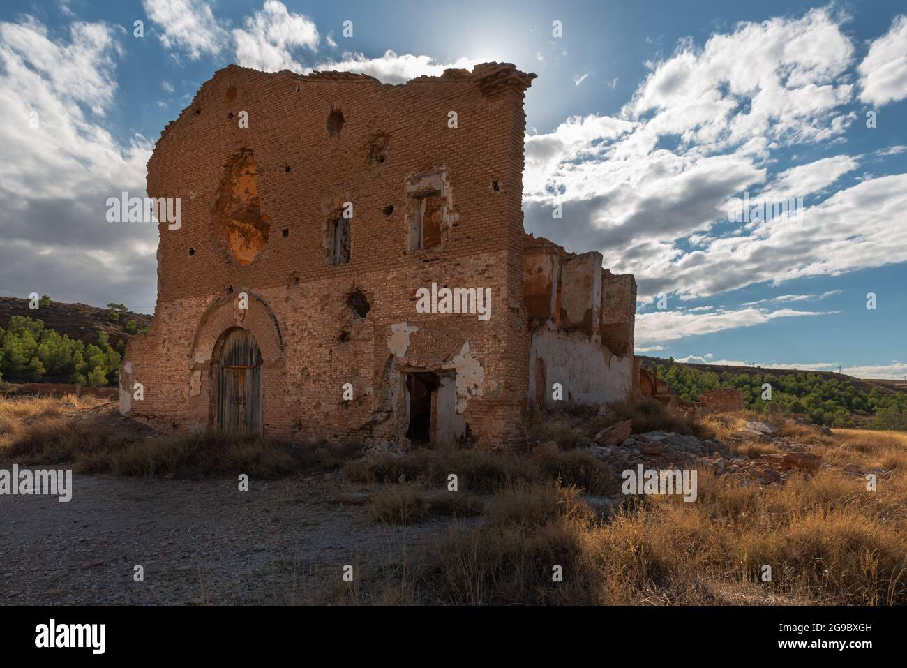 Old Seminary from the Ghost town of Belchite ruined in battle during Spanish Civil War, Zaragoza Stock Photo