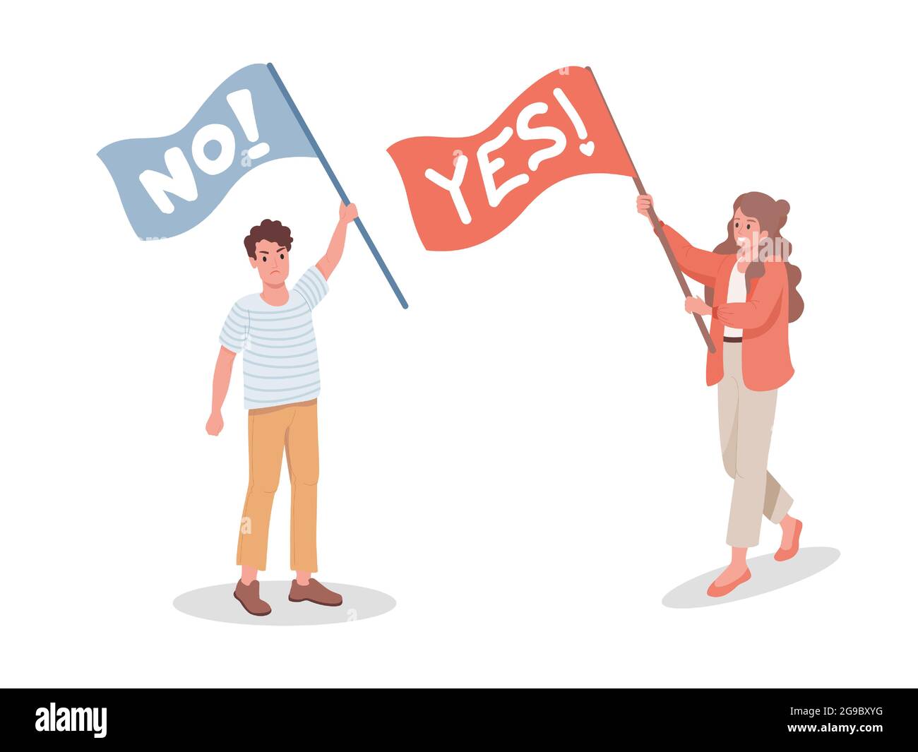 Angry man with No flag and smiling woman with Yes flag vector flat illustration. Protesting man and supporting woman with flags. Social movement, meeting, demonstration, activism, voting concept. Stock Vector