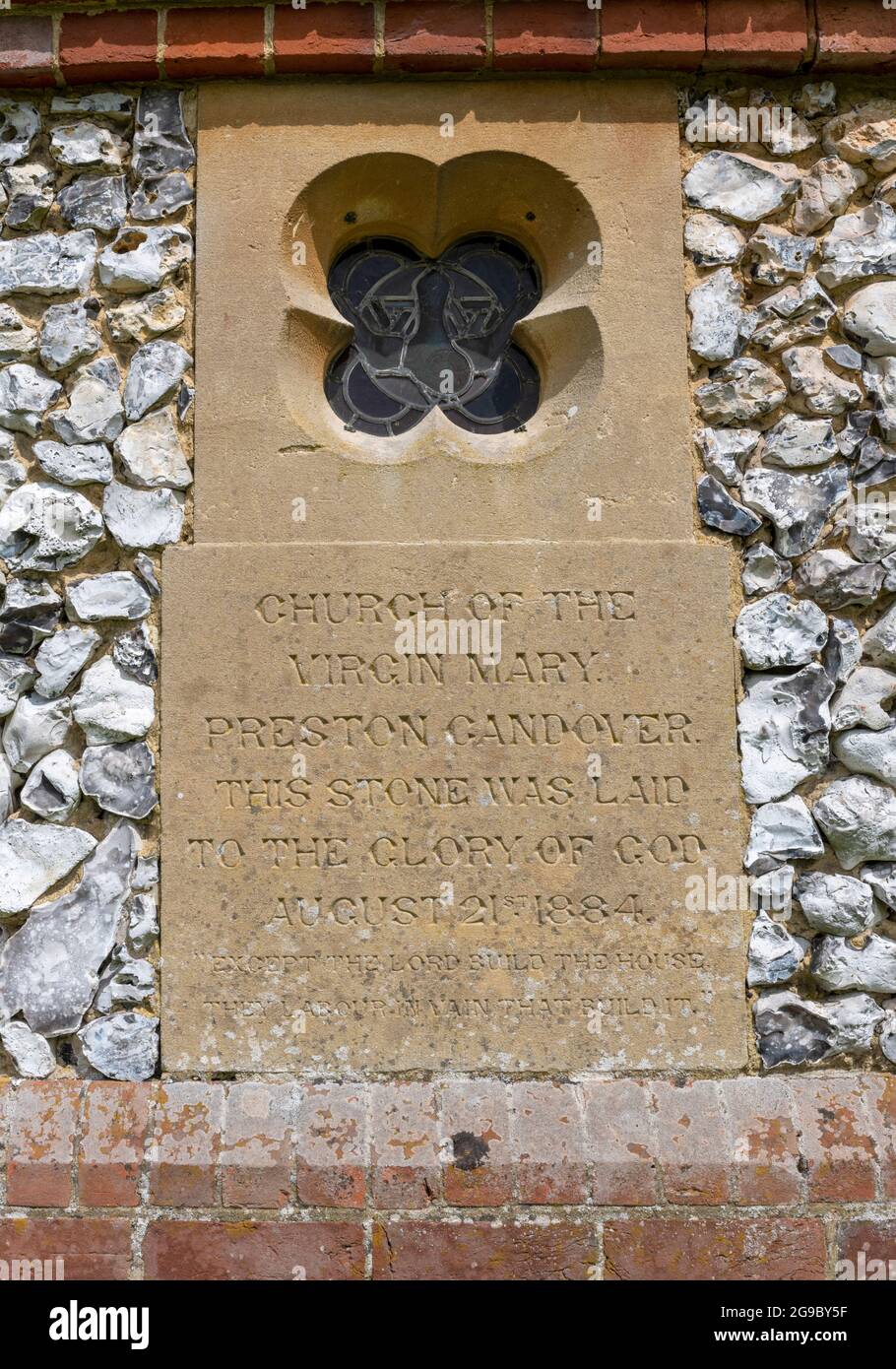 Church of St Mary the Virgin, parish church at Preston Candover, Hampshire, England, UK - view of commemorative stone dated August 21st 1884 Stock Photo