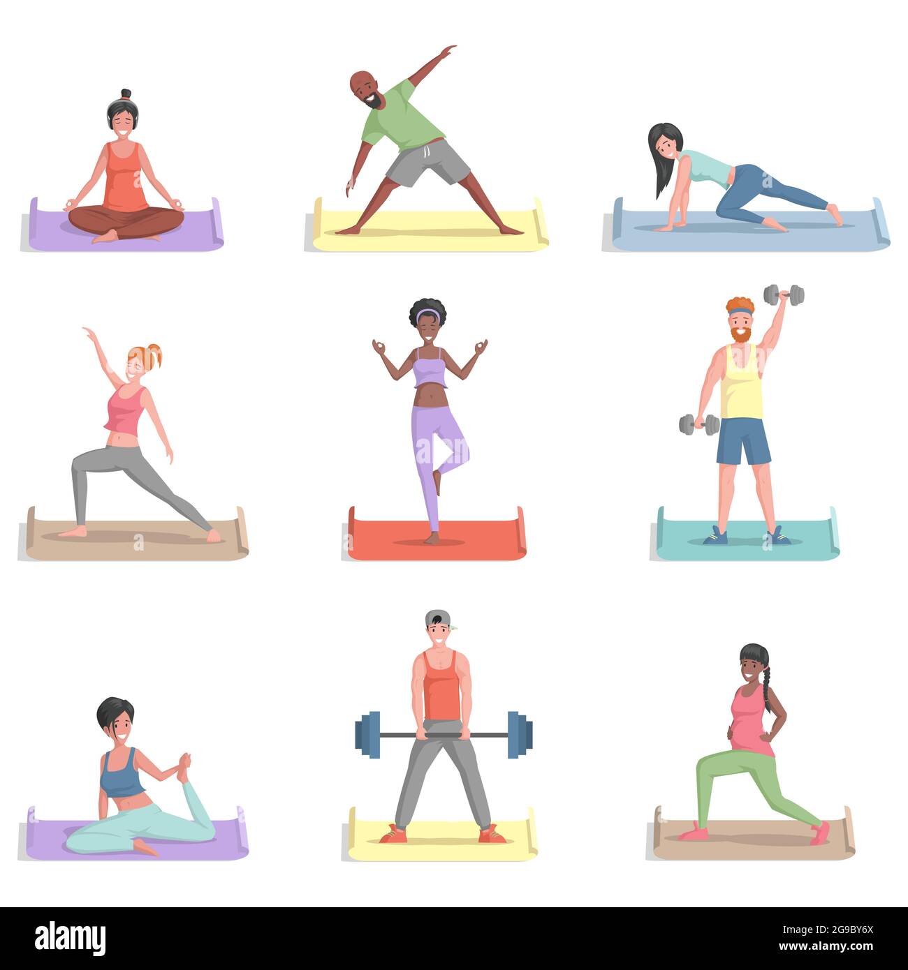 Set of different people training, doing sports activities vector flat illustration. Smiling men and women in sports clothes doing exercises, gymnastics, practice yoga, and stretching. Stock Vector