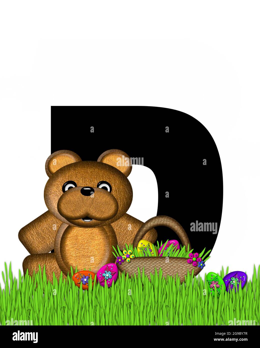 The letter D, in the alphabet set 'Teddy Hunting Easter Eggs,' is black. Teddy hunts Easter Eggs hidden in the grass.  He has an Easter basket with eg Stock Photo