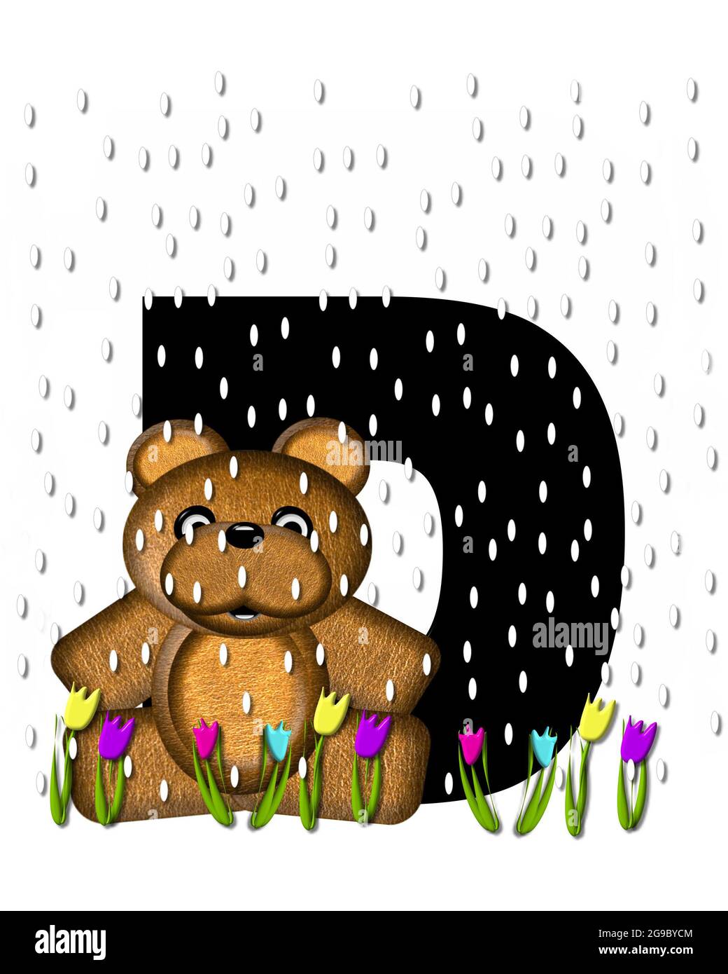 The letter D, in the alphabet set 'Teddy April Showers,' is black.  Brown teddy bear and flowers decorate letter.  Tulips bloom as April showers fall. Stock Photo