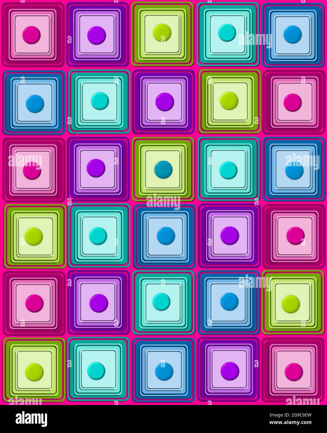 Bright and colorful squares have three layers of color. 3D circle sits ...