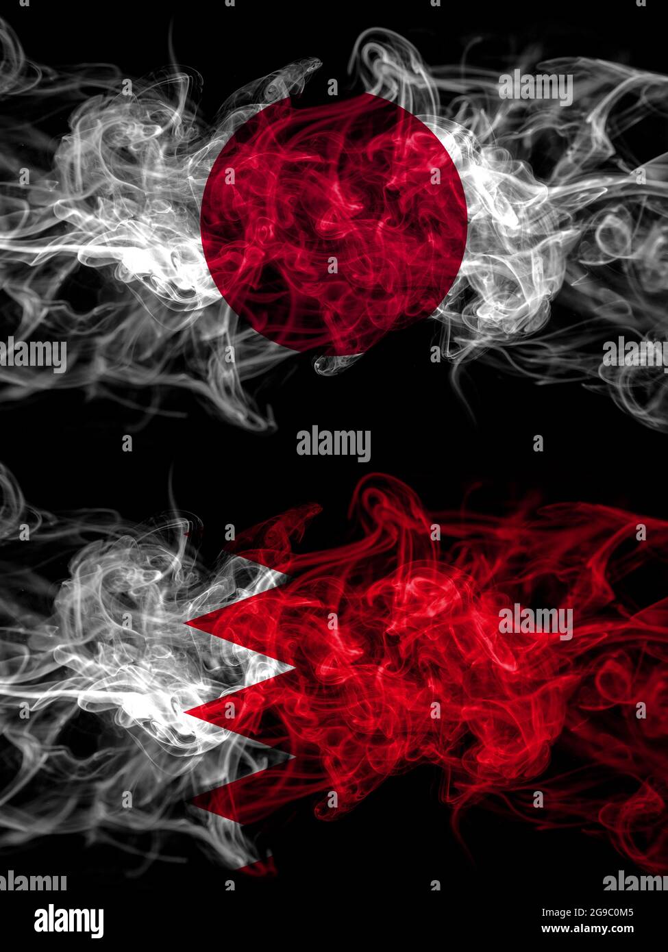 Smoke flags of Japan, Japanese and Bahrain, Bahraini Stock Photo