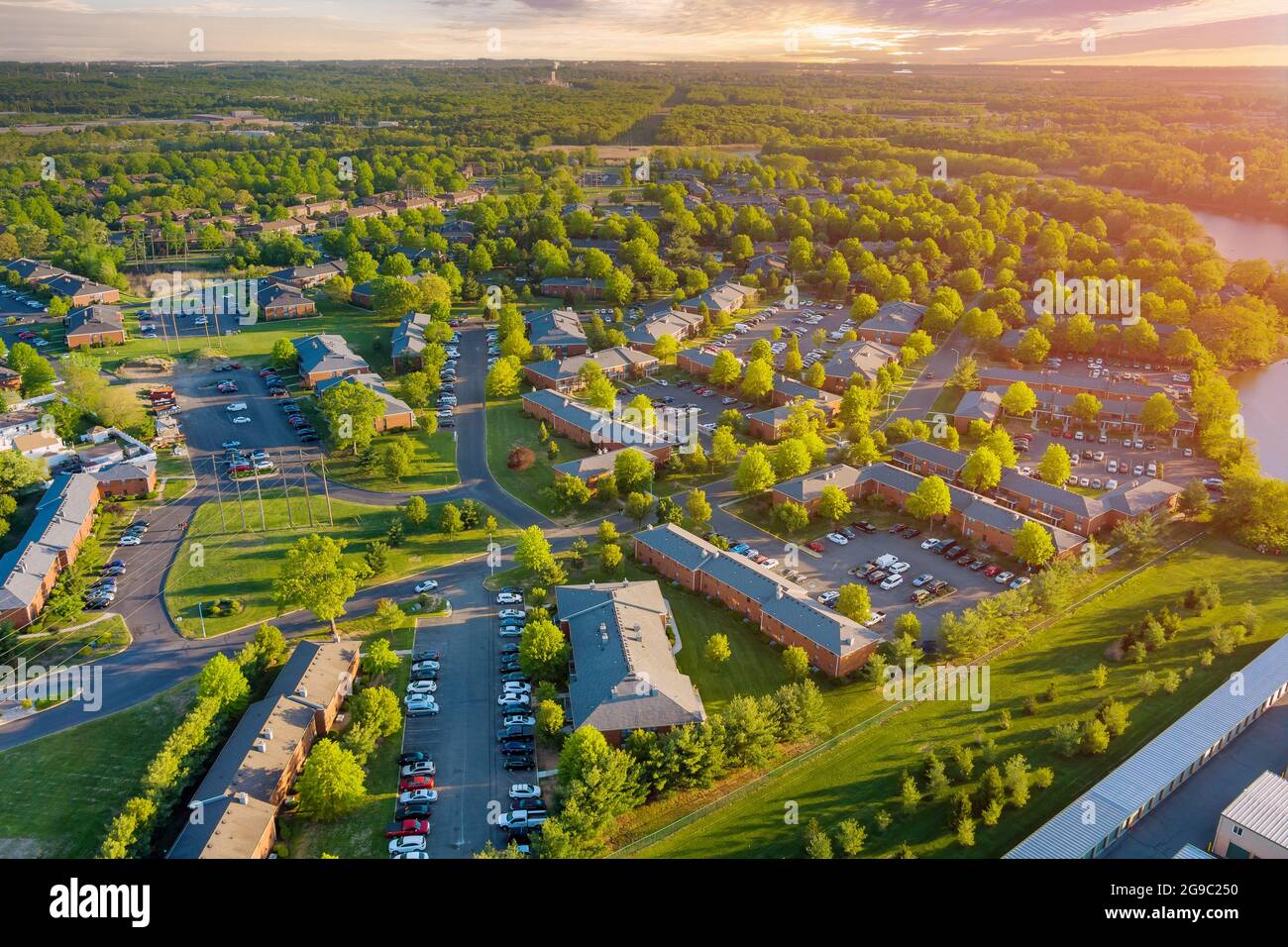 Aerial view of apartment complex homes, a residential district East