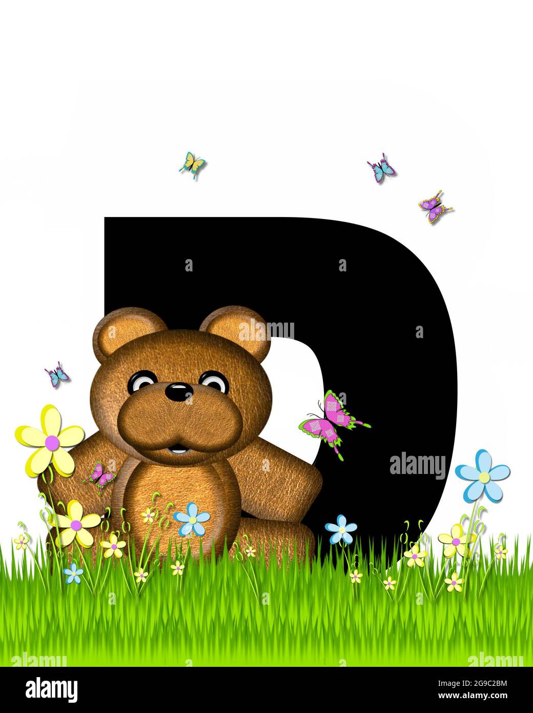The letter D, in the alphabet set 'Teddy Butterfly Field,' is black.  Teddy bear chases colorful butterflies across a grassy field with wildflowers. Stock Photo