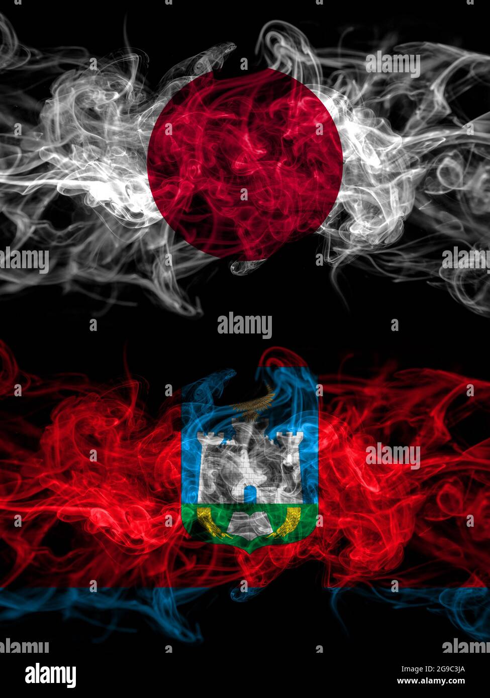 Smoke flags of Japan, Japanese and Russia, Russian, Oryol Oblast Stock Photo