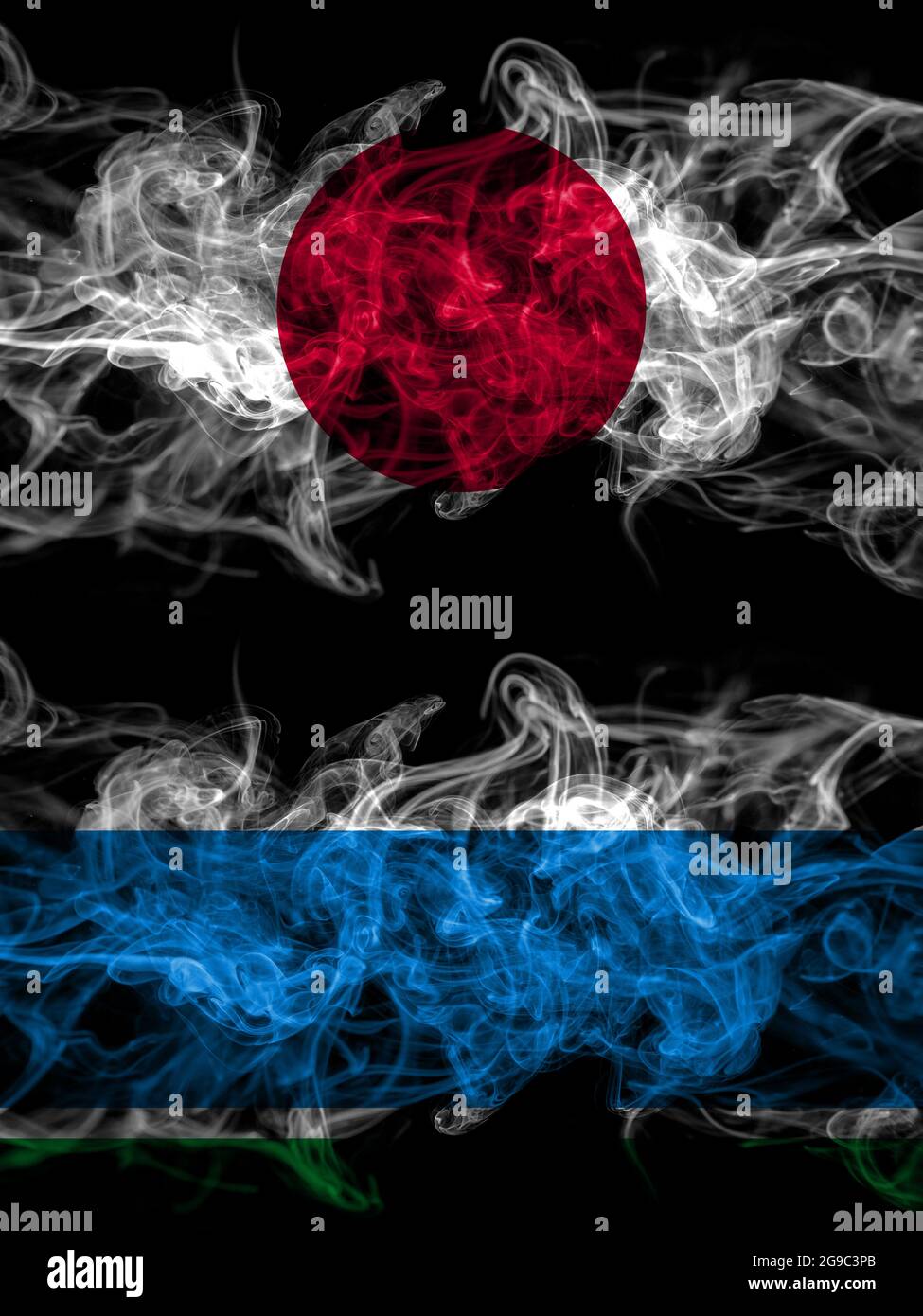 Smoke flags of Japan, Japanese and Russia, Russian, Sverdlovsk Oblast Stock Photo