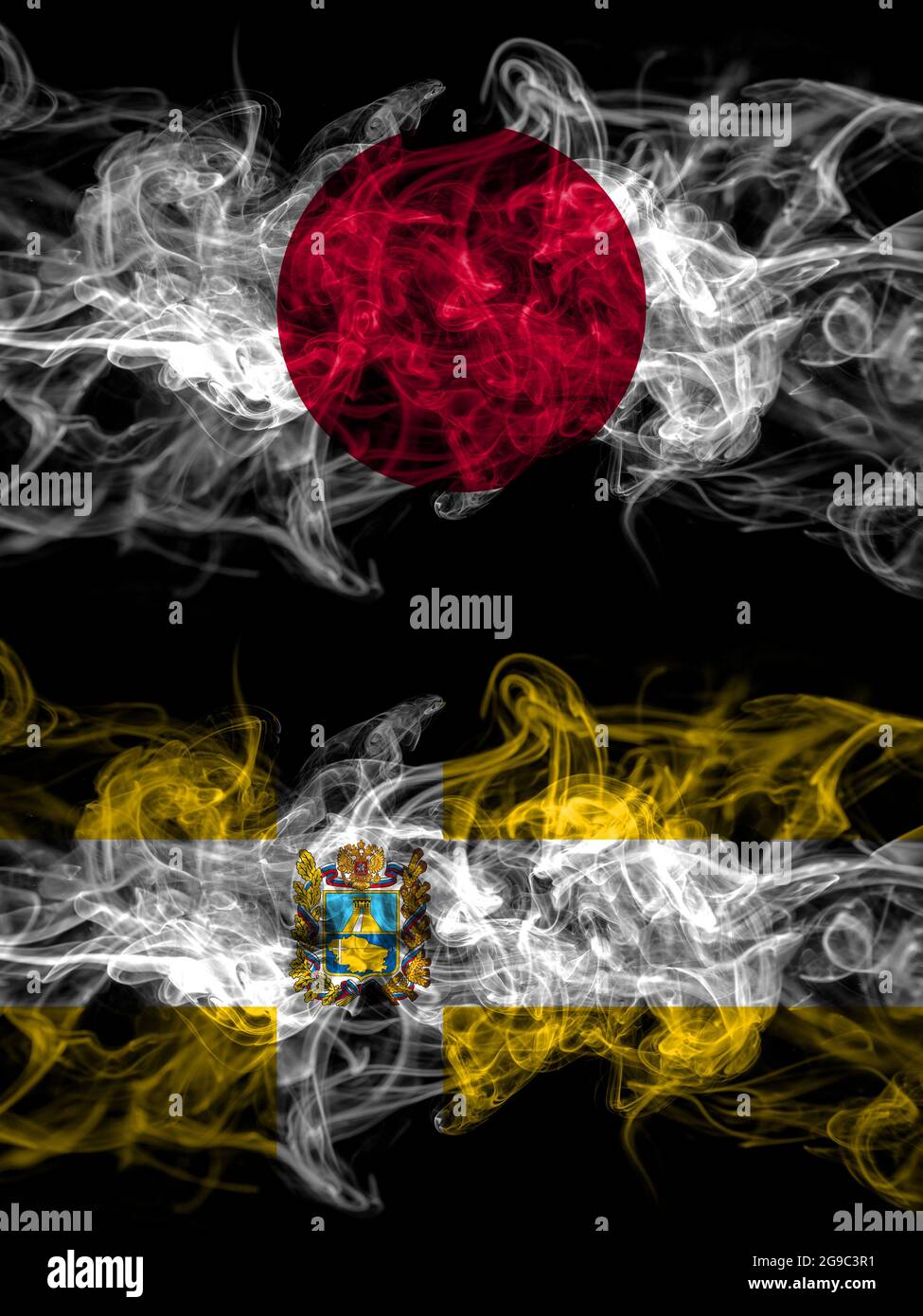 Smoke flags of Japan, Japanese and Russia, Russian, Stavropol Krai Stock Photo