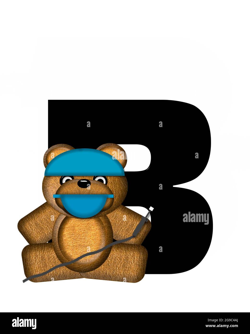 The letter B, in the alphabet set 'Teddy Dental Checkup,' is black.  Teddy bear wearing a dental mask and hat represents dentist holding various denta Stock Photo