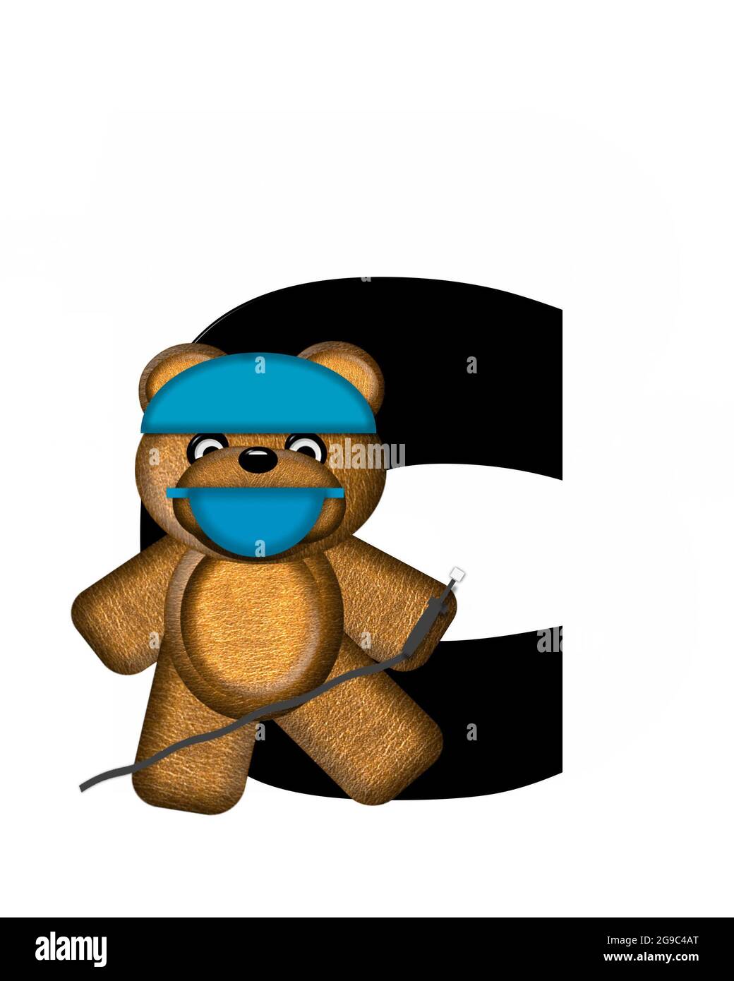 The letter C, in the alphabet set 'Teddy Dental Checkup,' is black.  Teddy bear wearing a dental mask and hat represents dentist holding various denta Stock Photo