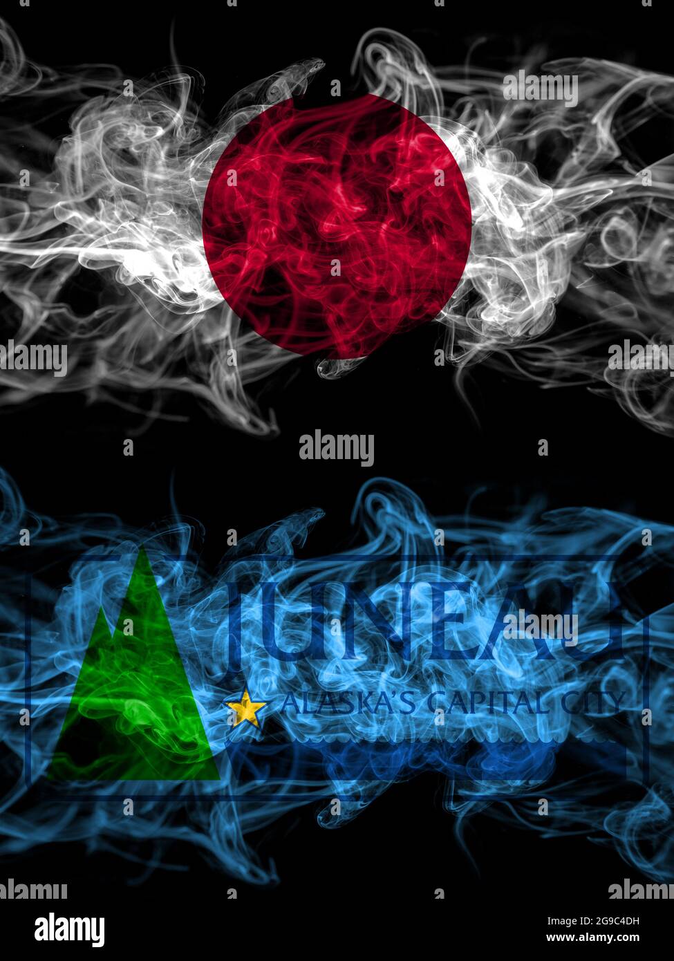 Smoke flags of Japan, Japanese and United States of America, America, US, USA, American, Juneau, Alaska Stock Photo