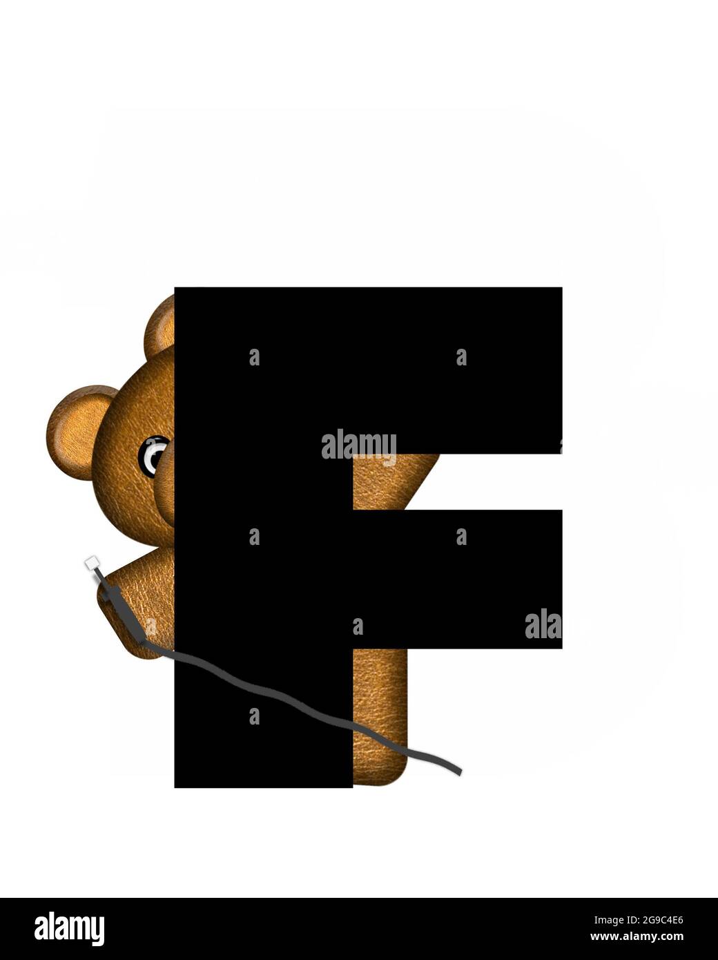 The letter F, in the alphabet set 'Teddy Dental Checkup,' is black.  Teddy bear represents dentist holding electric drill hides behind letter. Stock Photo