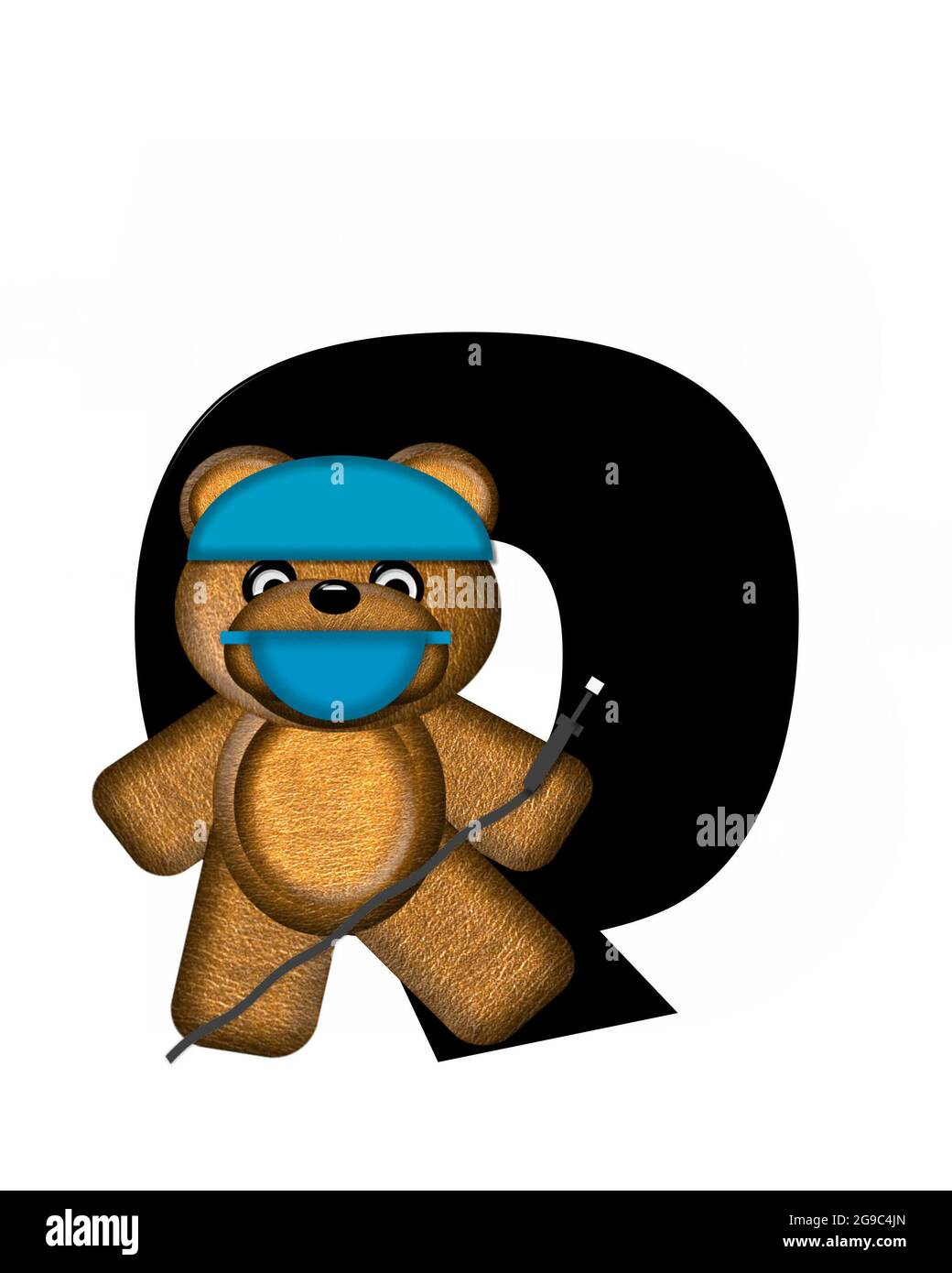 The letter Q, in the alphabet set 'Teddy Dental Checkup,' is black.  Teddy bear wearing a dental mask and hat represents dentist holding various denta Stock Photo