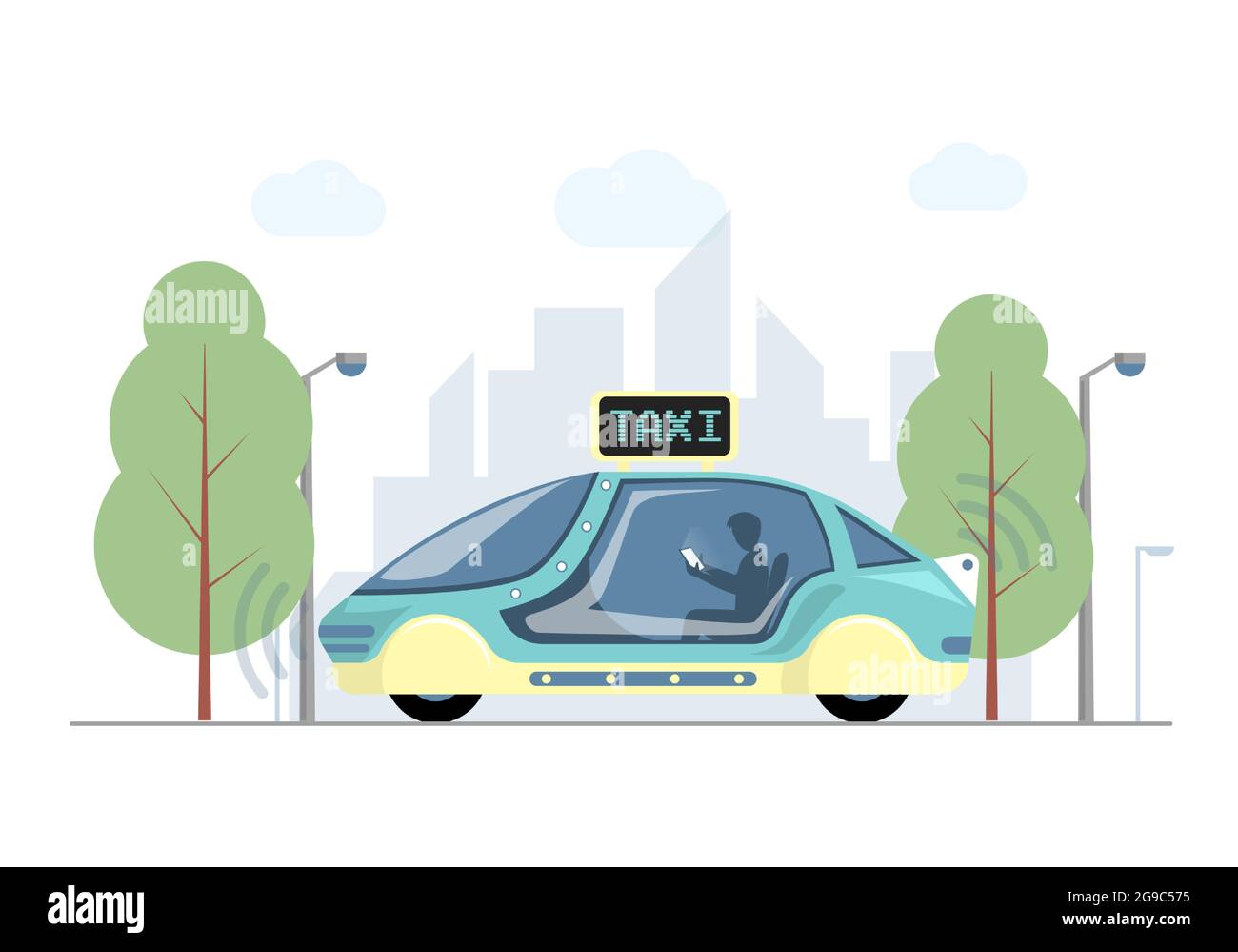 Future express taxi in city vector flat illustration. Futuristic high speed automobile on background of modern town. Autonomous electric smart taxi with passenger and cityscape on backdrop. Stock Vector