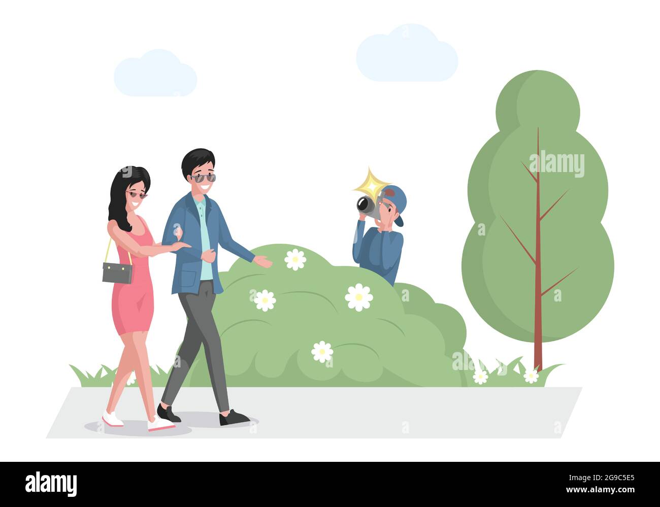 Celebrity couple walking in park, paparazzi hiding in bush with photo camera vector flat illustration. Famous man and woman spending time together, photographer with camera taking a picture. Stock Vector