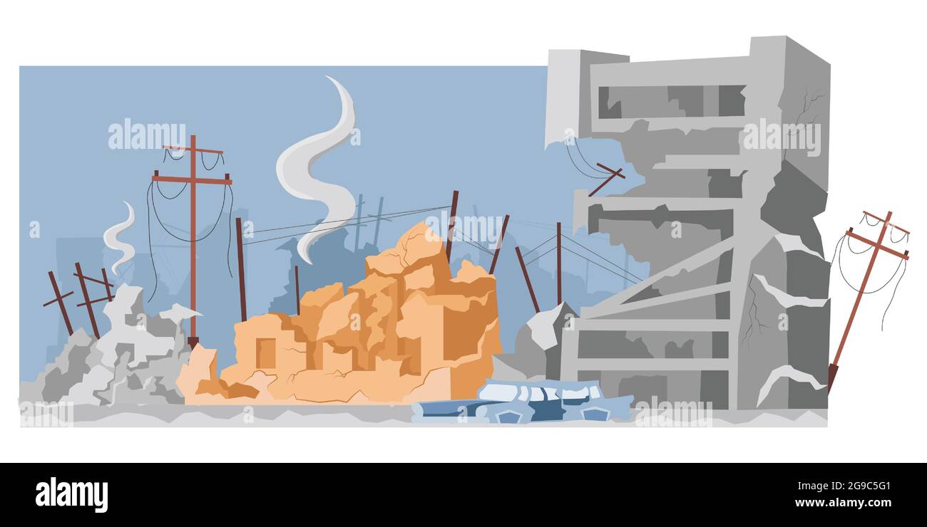 Destroyed city buildings after war or earthquake vector flat illustration. Abandoned and damaged broken constructions. Town in ruins after bomb explosion or disaster. World in collapse concept. Stock Vector