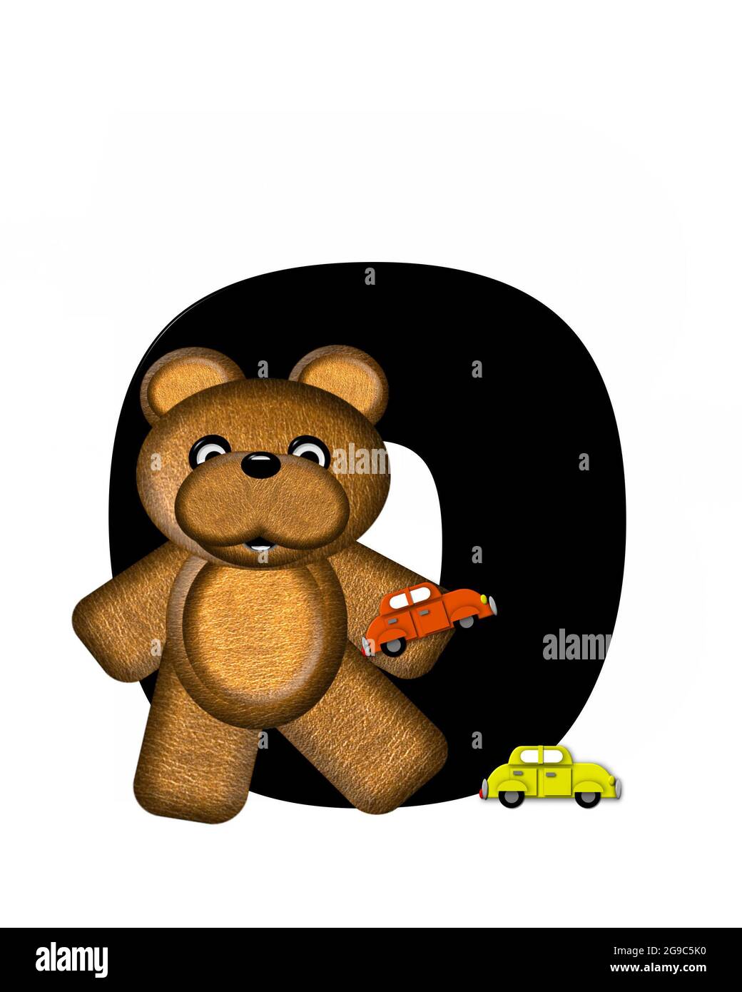 The letter O, in the alphabet set "Teddy Driving Cars," is black. Teddy