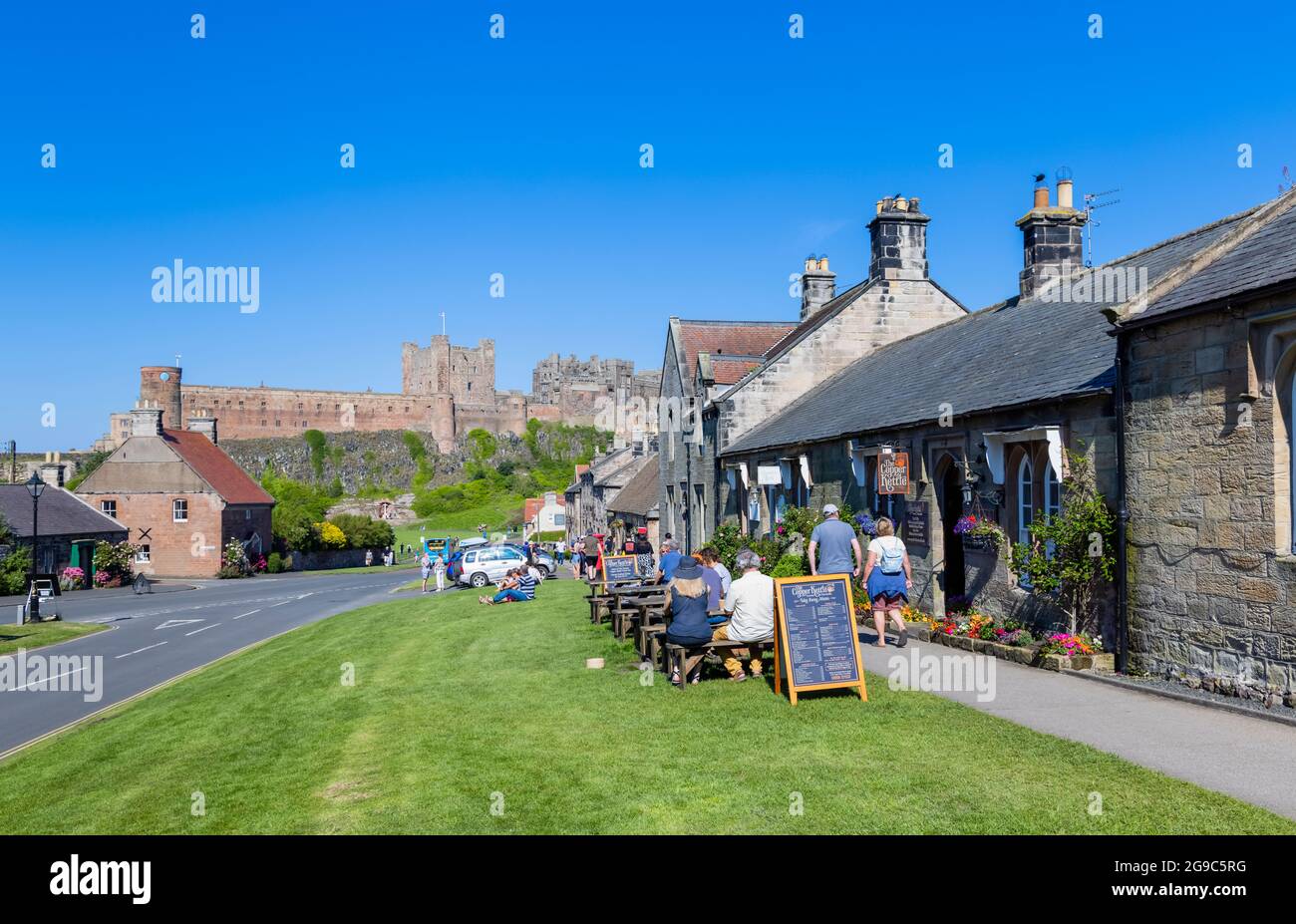 Outdoor dining at he Copper Kettle tea rooms in the village of Bamburgh in Northumberlandand and