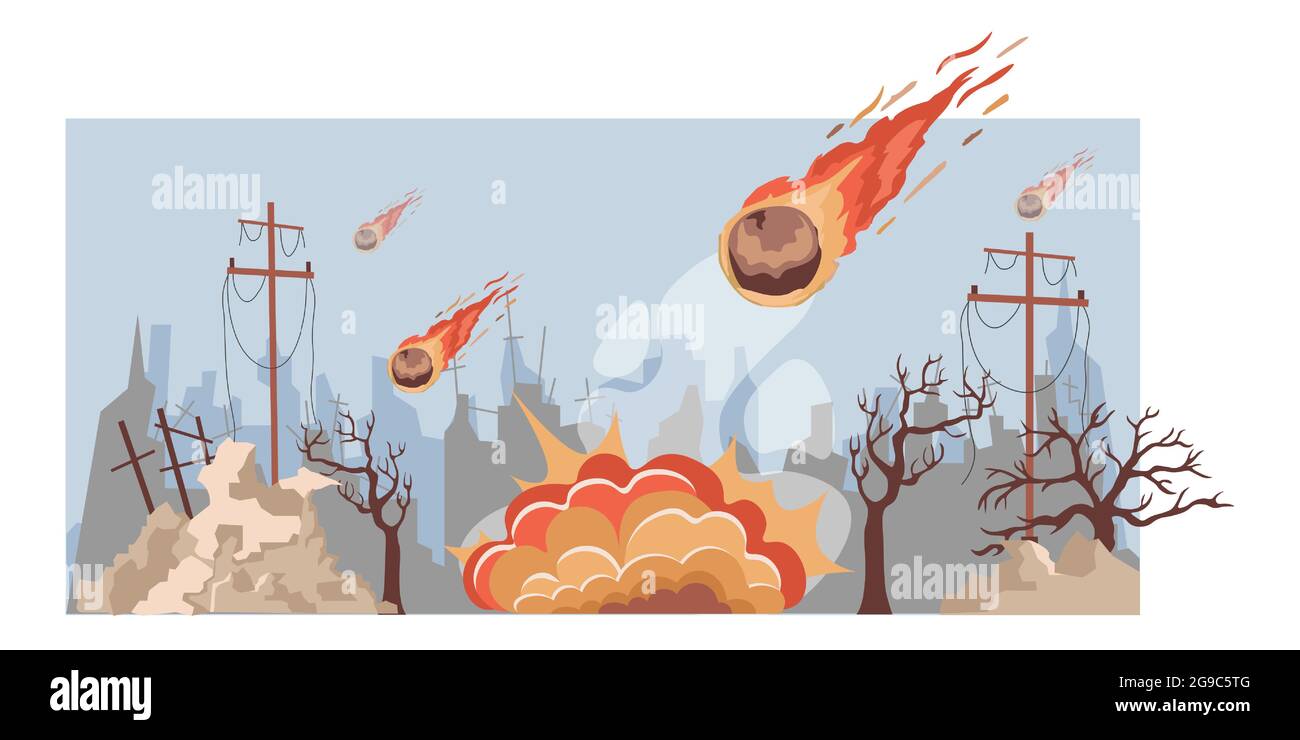 Large burning meteorites fall on the city vector flat illustration. Destroyed city buildings during natural disaster. Abandoned and damaged broken constructions. Town in ruins after comet falling. Stock Vector