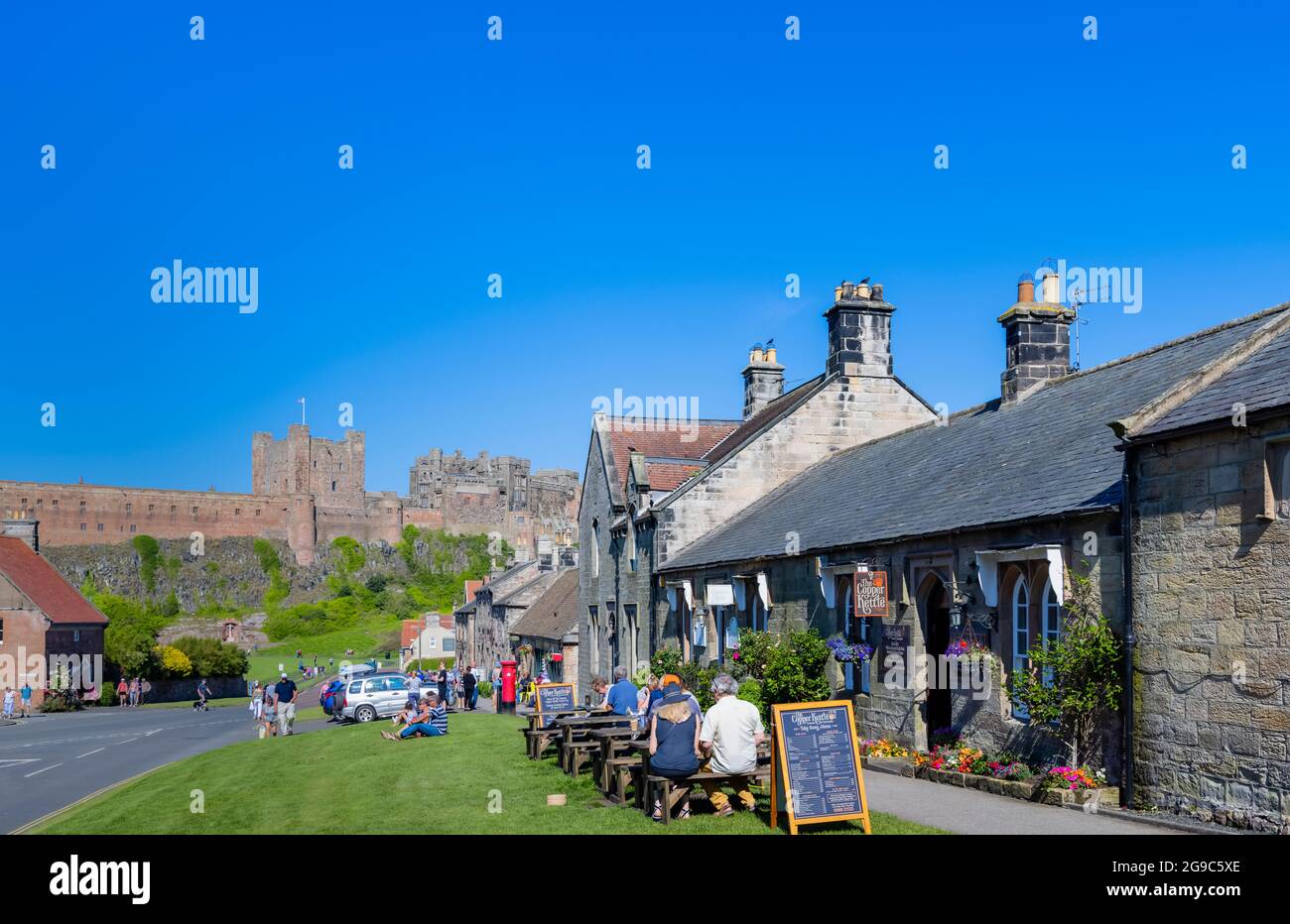 Outdoor dining at he Copper Kettle tea rooms in the village of Bamburgh