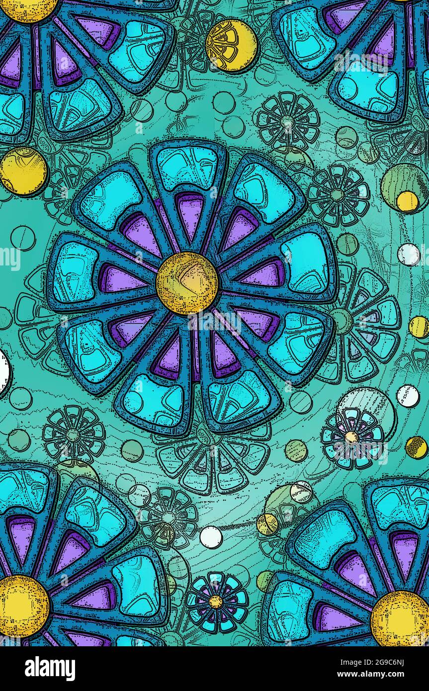 Background is filled with muted turquoise color. Flowers in blue