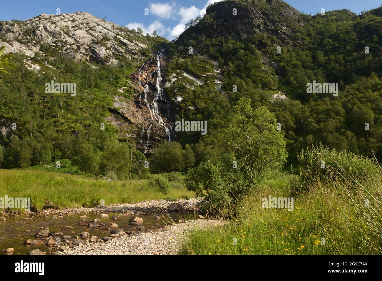 The waterfall of An Steall Bàn, in Glen Nevis, Scottish Highlands.  This waterfall is the second highest in Great Britain. Stock Photo