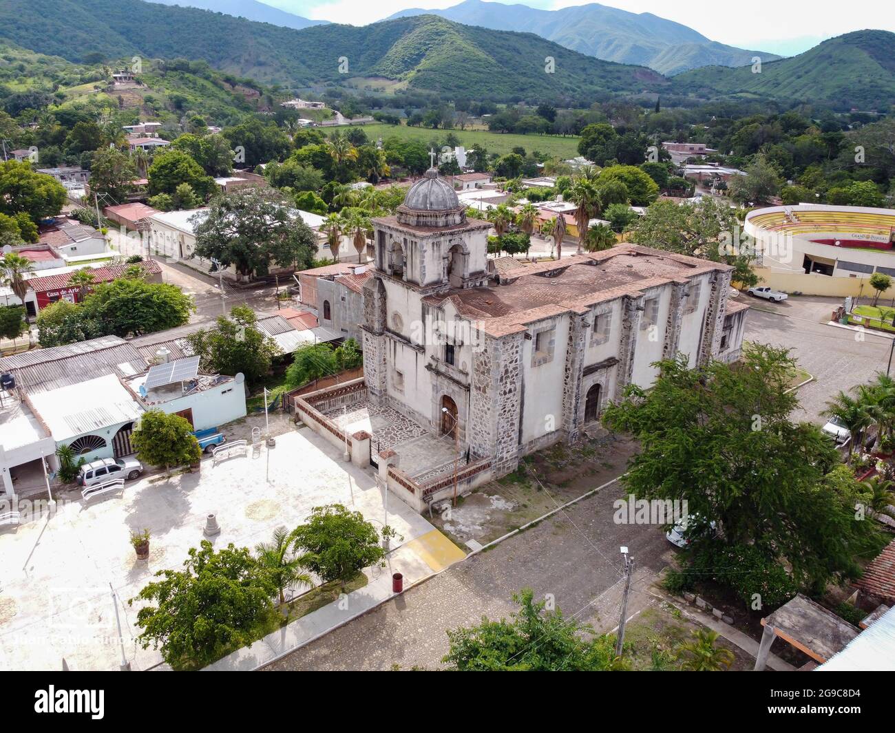 An aerial view of the Santa Catarina temple in Ahuachapan, Jalisco, Mexico Stock Photo