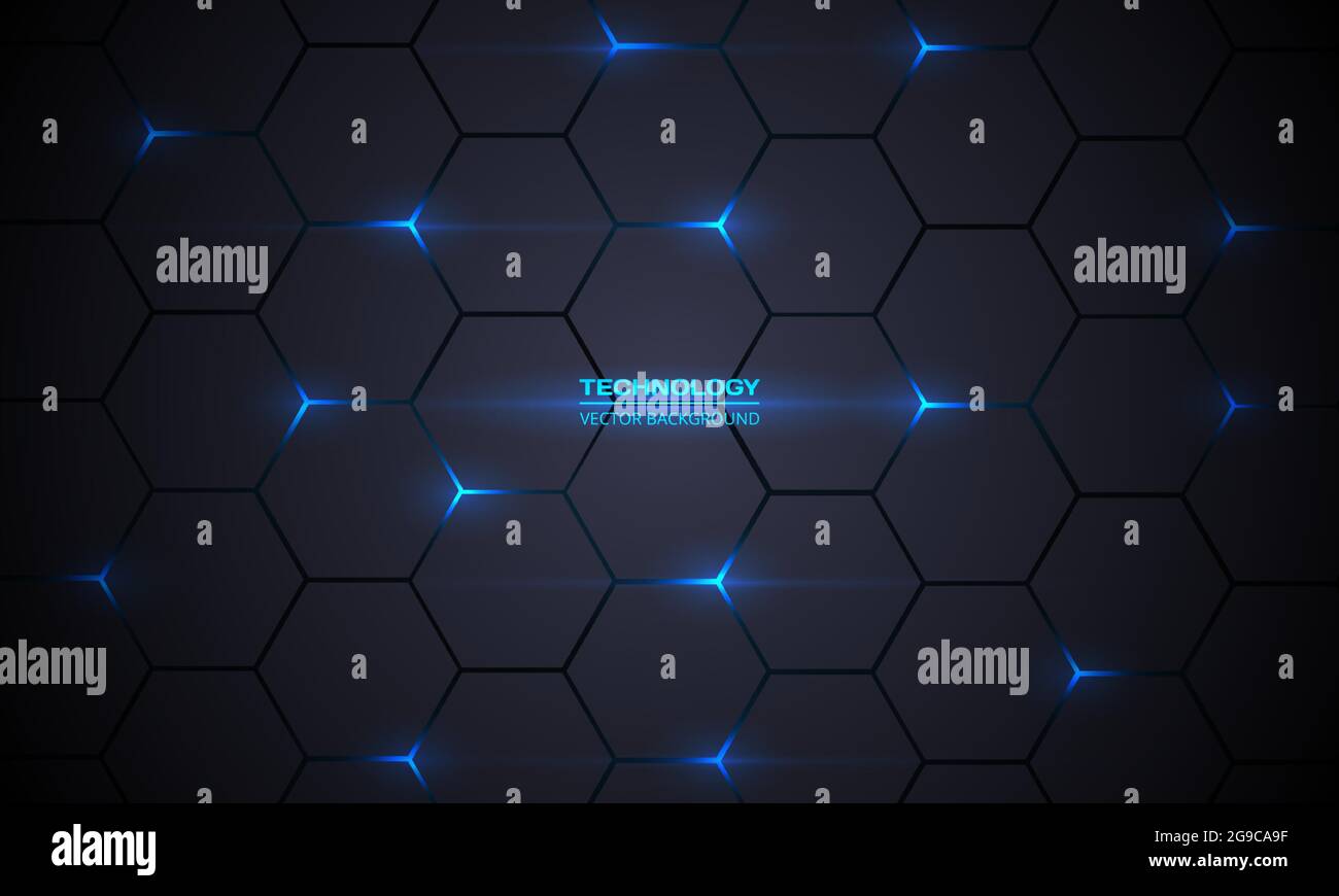 Dark gray hexagonal technology vector abstract background. Blue bright ...