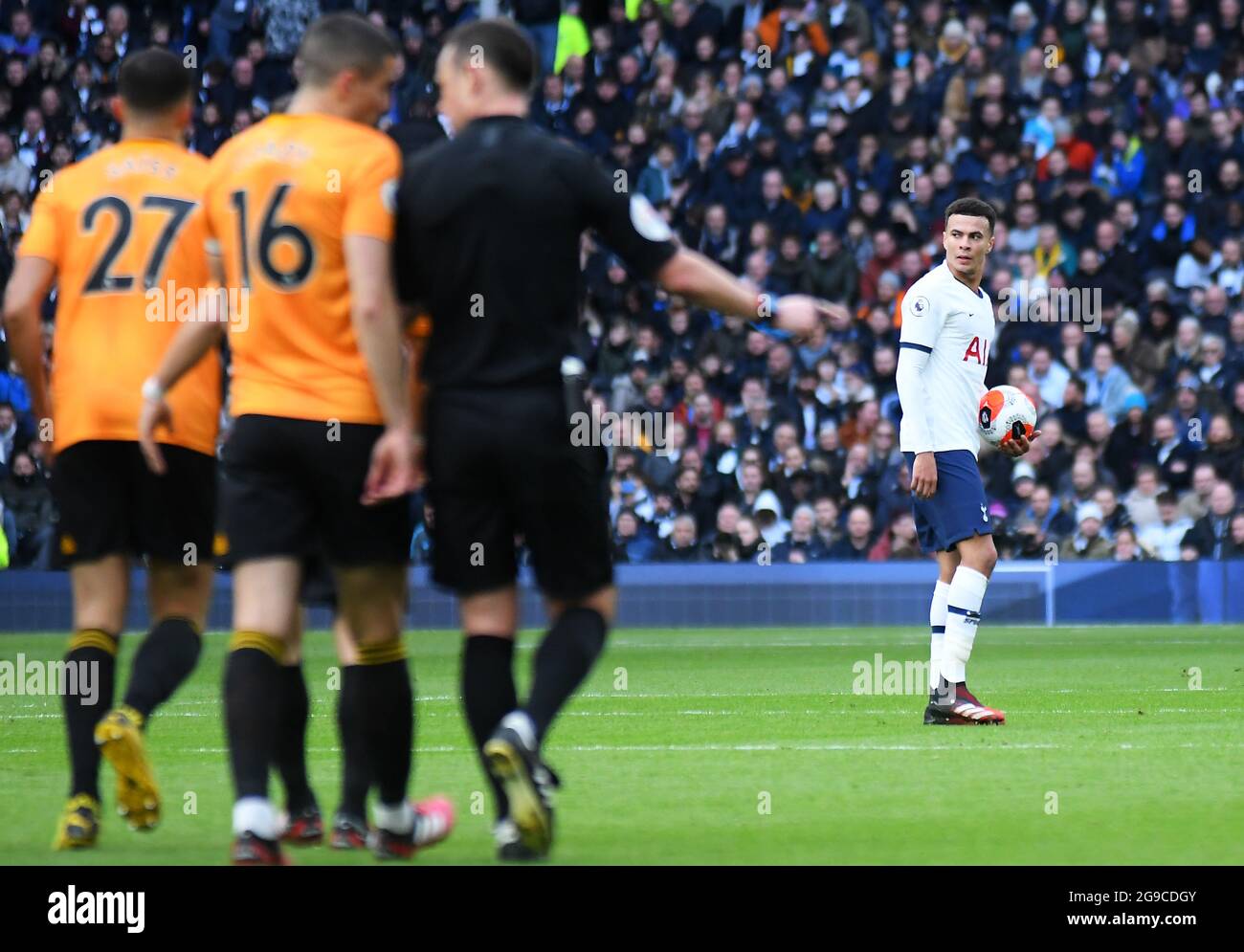 LONDON, ENGLAND - MArch 1, 2020: Dele Alli of Tottenham looks on as Wolves players were celebrating a goal during the 2020/21 Premier League game between Tottenham Hotspur FC and Wolverhampton FC at Tottenham Hotspur Stadium. Stock Photo