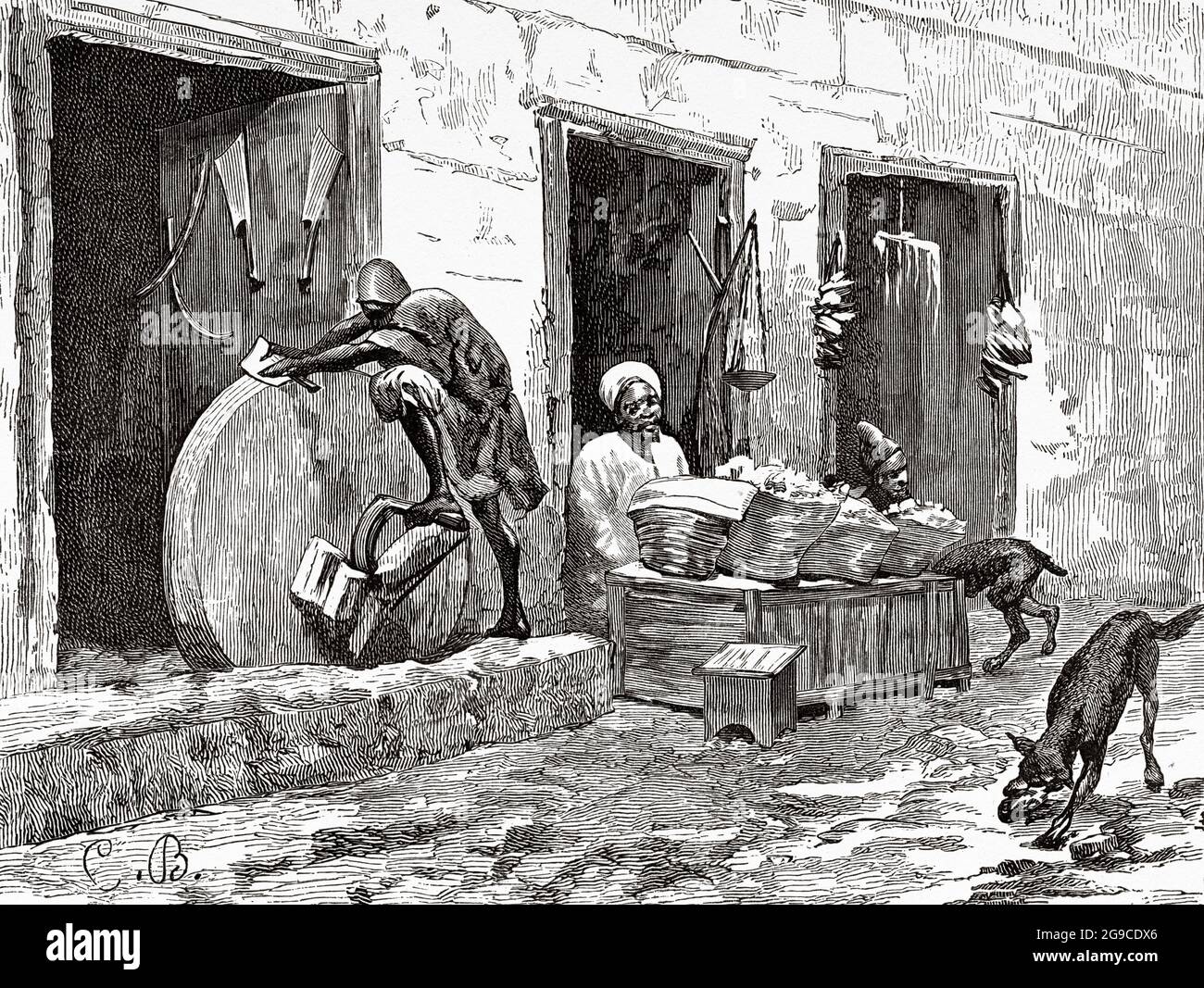 Knife Grinder, Souk Medina of Fez, Fes el Bali. Morocco, Maghreb. North Africa. Old 19th century engraved illustration from El Mundo Ilustrado 1879 Stock Photo