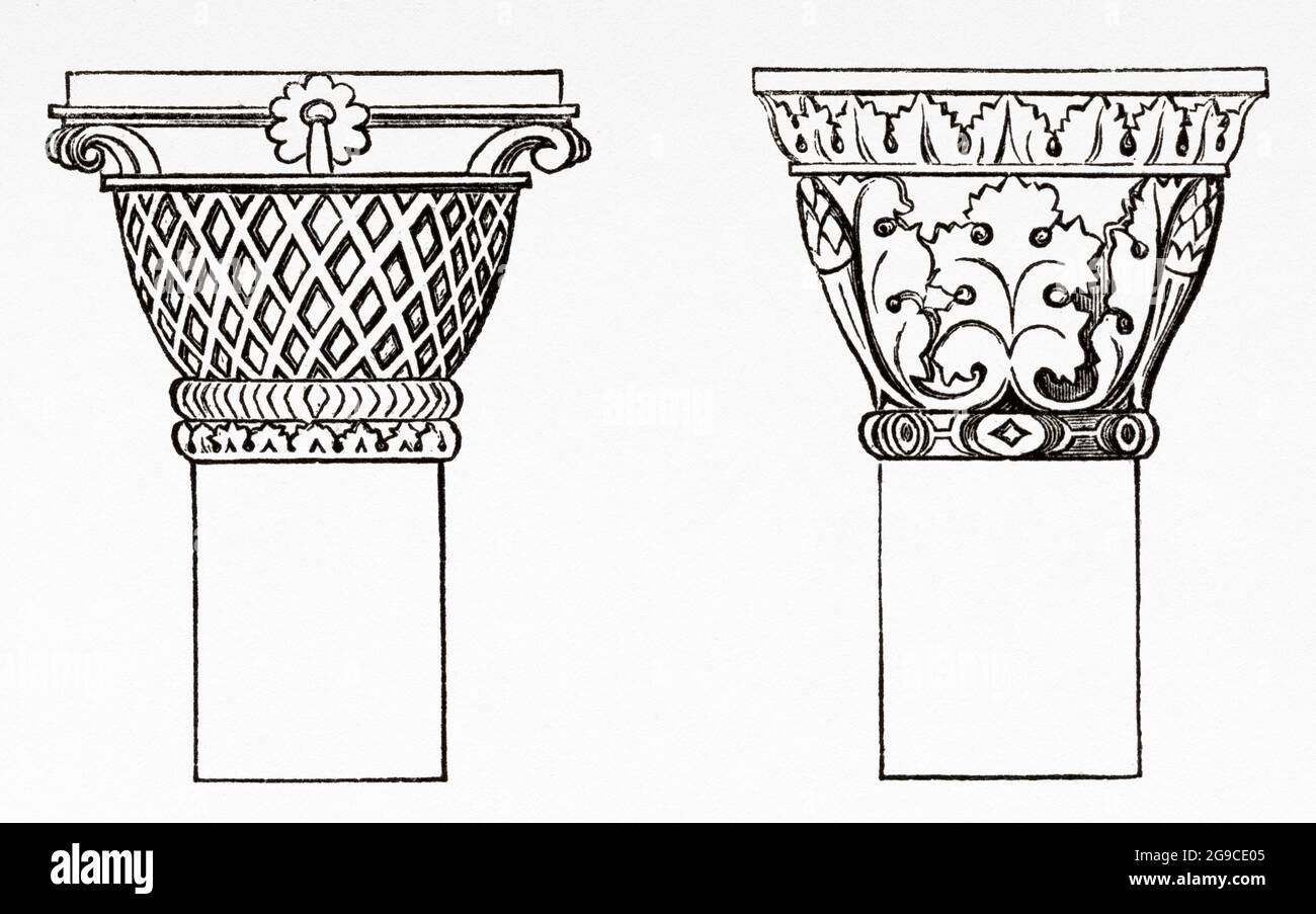 Capitals of the columns of Ahmad ibn Tulun Mosque, built in the 9th century, Cairo, Egypt, North Africa. Old 19th century engraved illustration from El Mundo Ilustrado 1879 Stock Photo