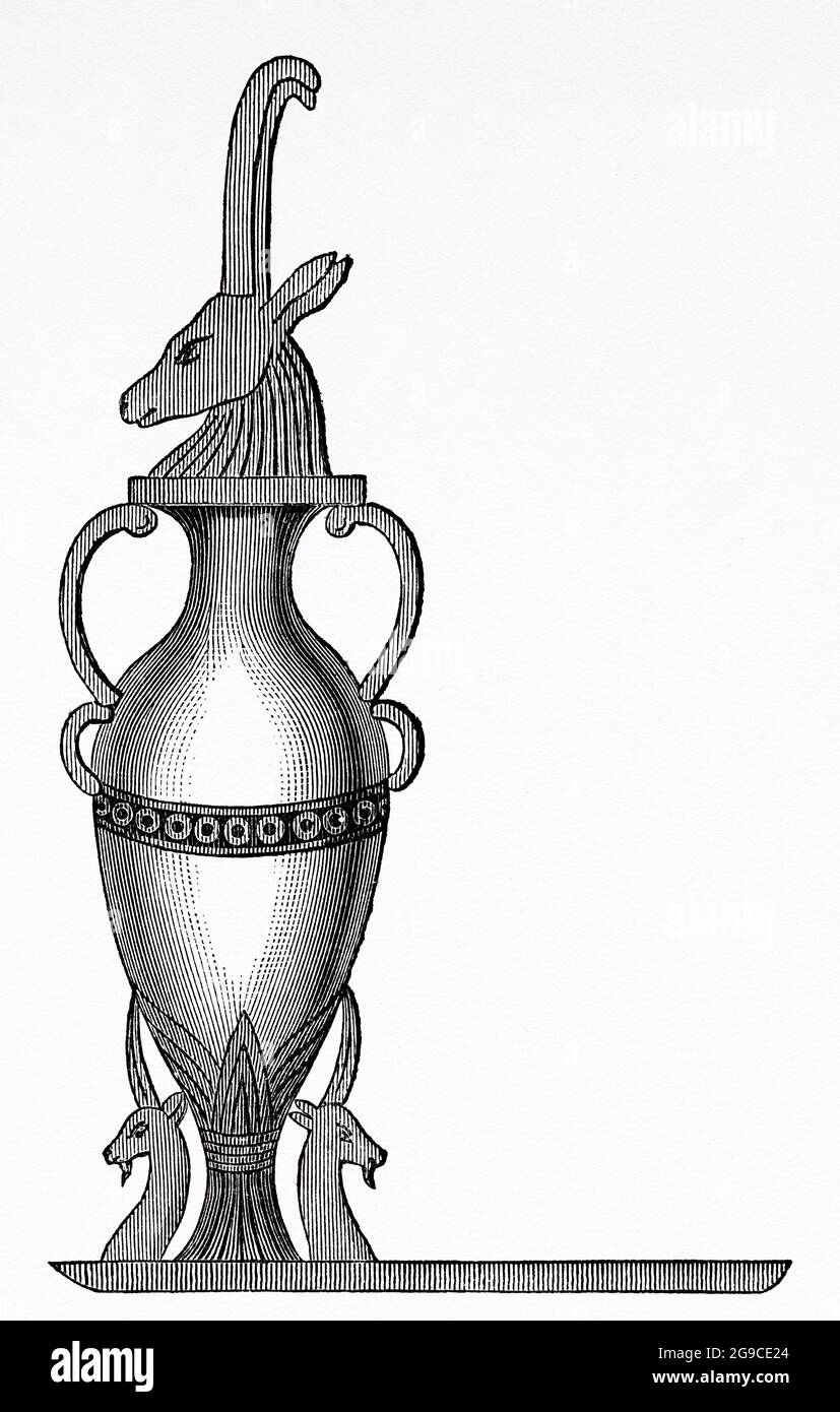 Ancient egyptian vase. Egyptian Civilisation, Egypt, North Africa. Old 19th century engraved illustration from El Mundo Ilustrado 1879 Stock Photo