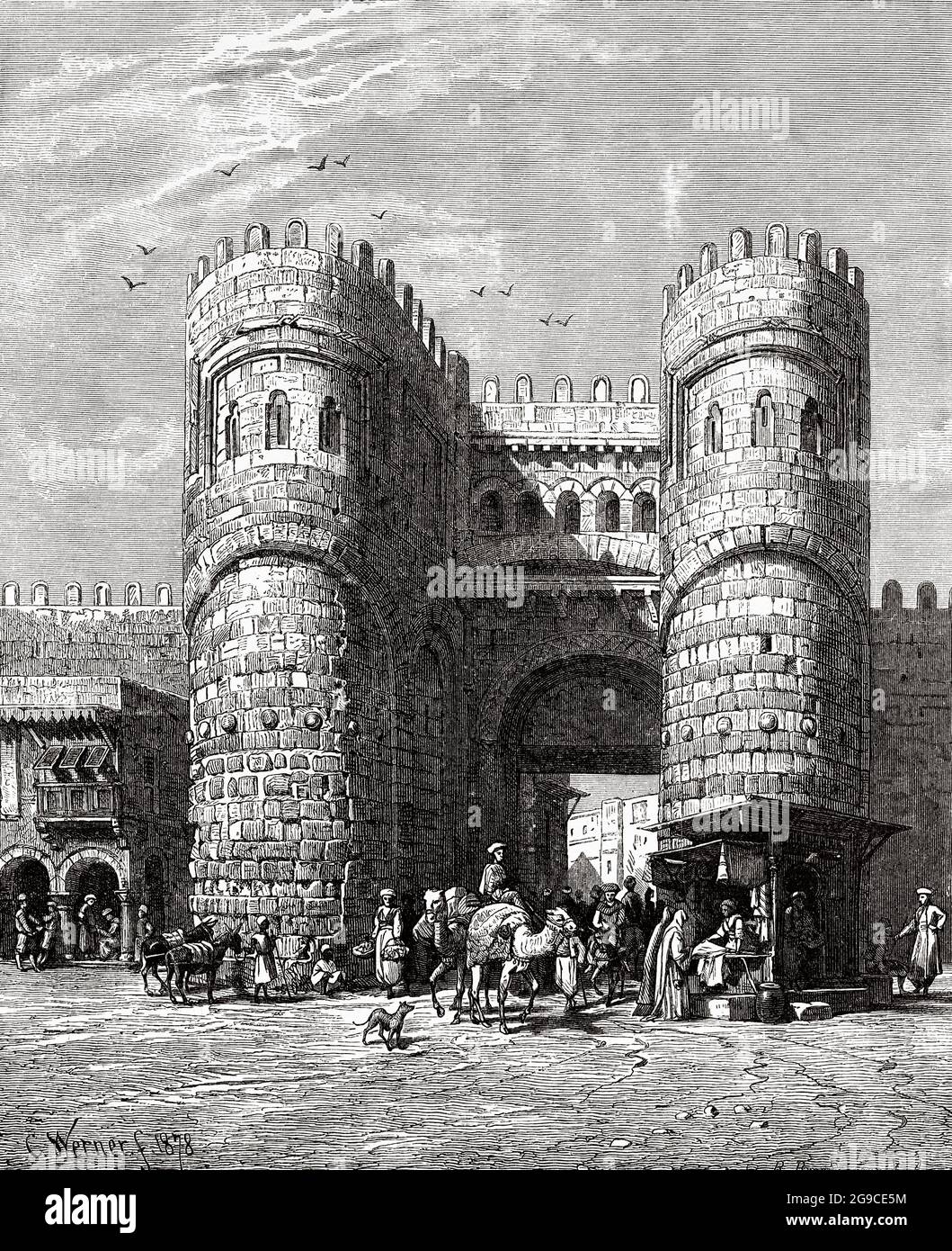 Bab al Futuh gate (Conquest Gate) is one of three remaining gates in the walls of the old city of Cairo, Egypt. It was finished in the year 1087 and faces north. The gate was part of fortification built by Vizier Badr al-Jamali of Fatimid Imam/caliph Mustansir. Egypt, North Africa. Old 19th century engraved illustration from El Mundo Ilustrado 1879 Stock Photo