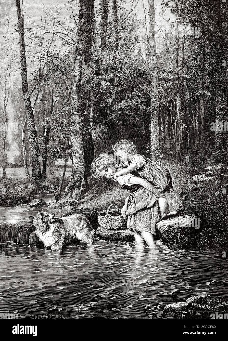 A young girl helps her sister to cross a river with water, before the seventy gaze of her dog. Old 19th century engraved illustration from El Mundo Ilustrado 1879 Stock Photo