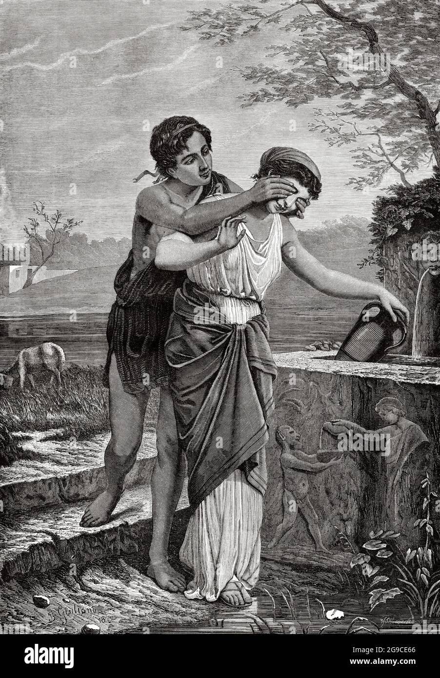 A young man in love with ancient greece surprises his beloved by covering her eyes to surprise her. Old 19th century engraved illustration from El Mundo Ilustrado 1879 Stock Photo