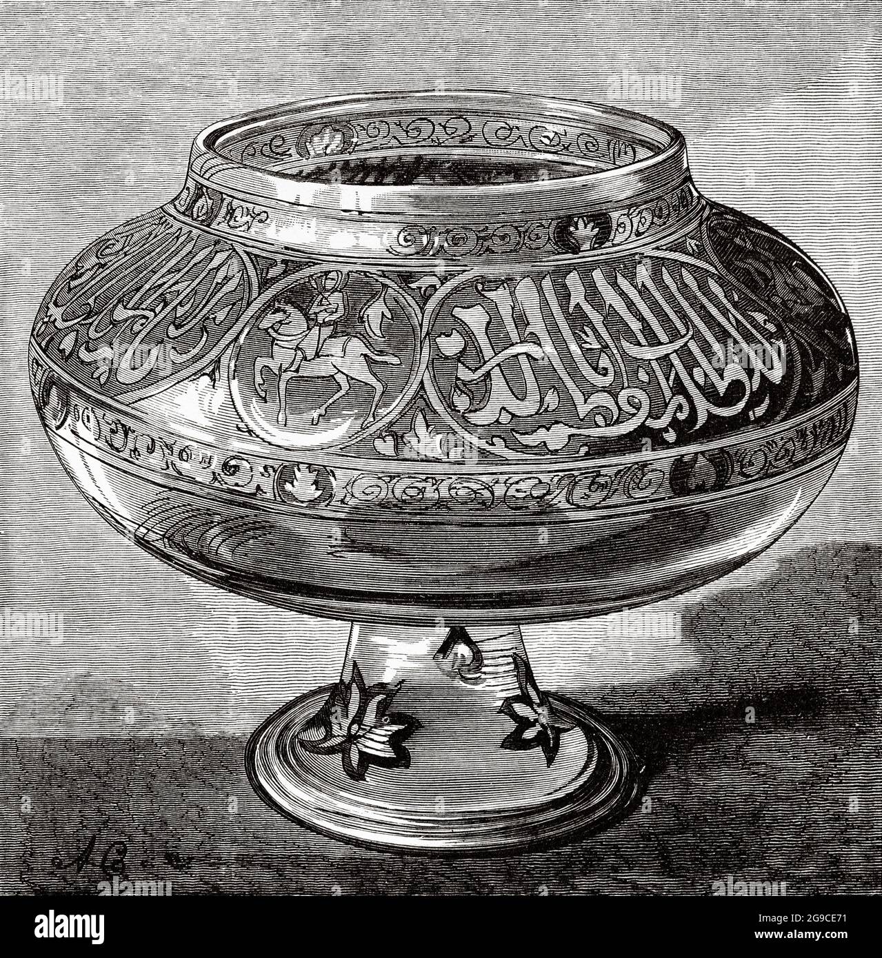 Antique Arabic enameled glass vase, Egypt, North Africa. Old 19th century engraved illustration from El Mundo Ilustrado 1879 Stock Photo