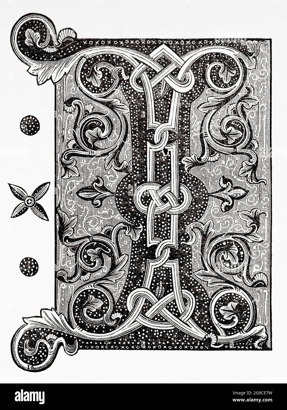 Luxurious Victorian initials letter I, 14th century bible. Old 19th century engraved illustration from Jesus Christ by Veuillot 1881 Stock Photo