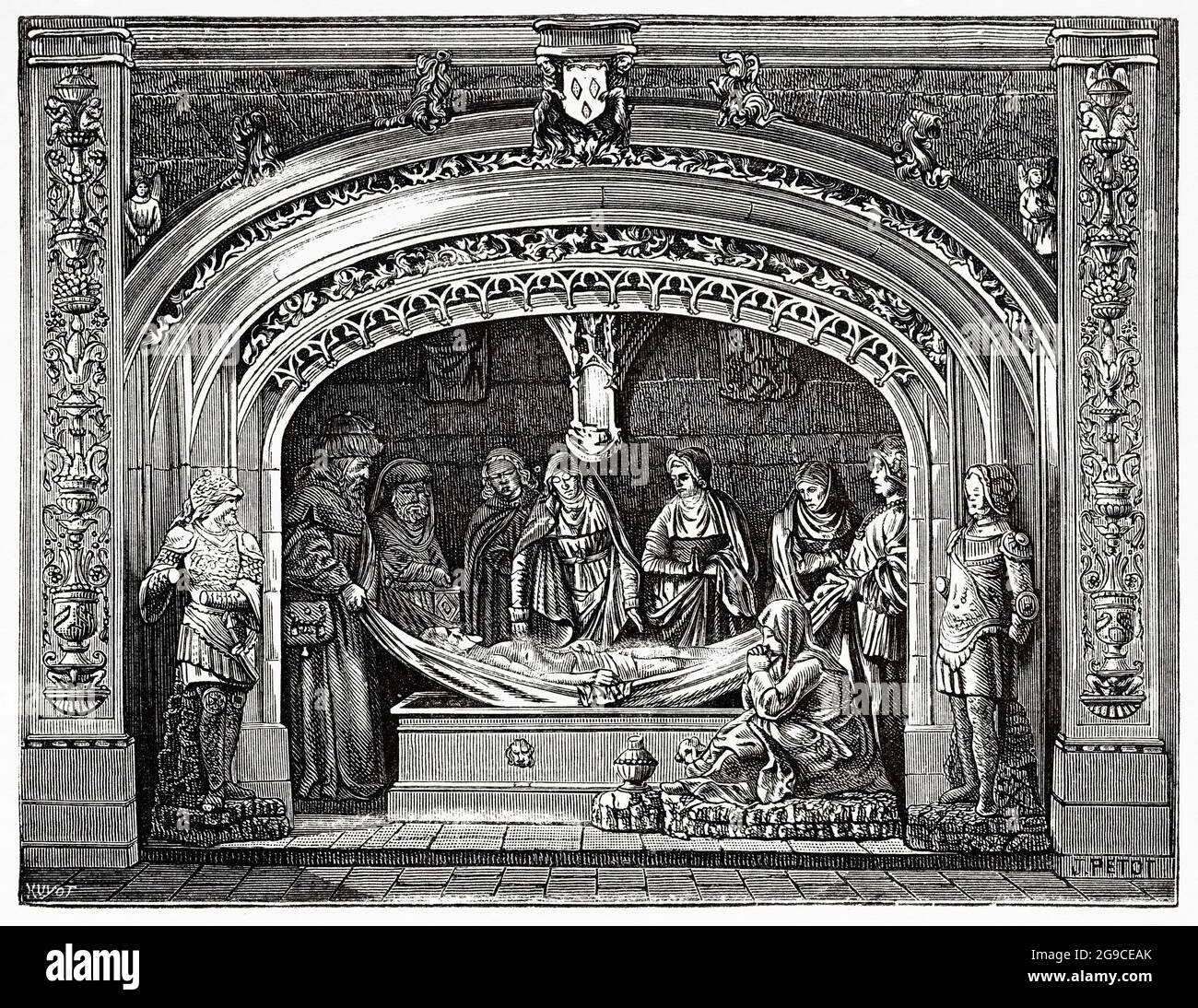 Christ entombment, Saint Pierre abbey. Solesmes, Sarthe. France, Europe. Old 19th century engraved illustration from Jesus Christ by Veuillot 1881 Stock Photo