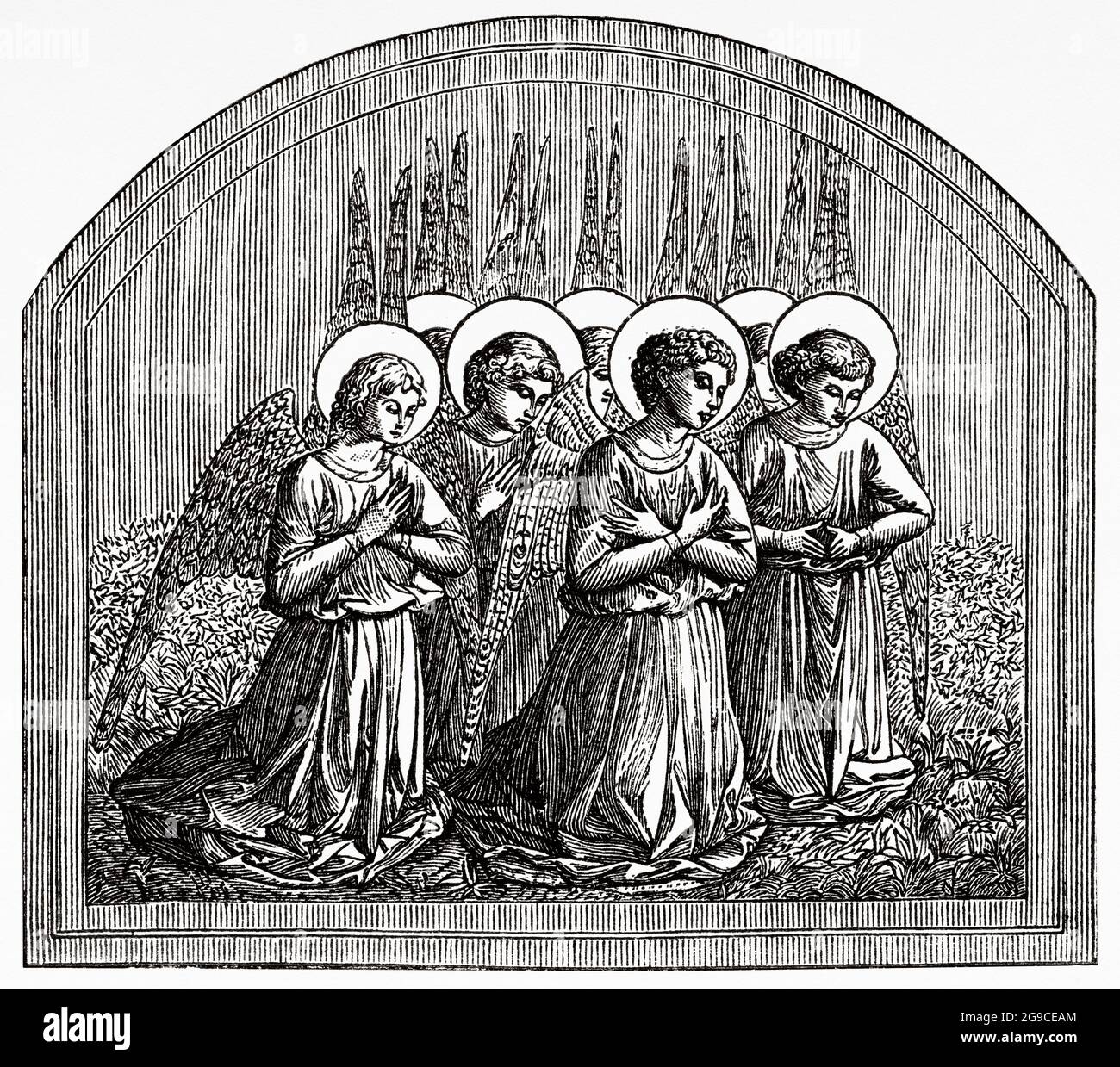 The prayer of the angels. Fresco in Palazzo Medici Riccardi by Benozzo Gozzoli. Renaissance, Florence. 15th century, Italy. Old 19th century engraved illustration from Jesus Christ by Veuillot 1881 Stock Photo