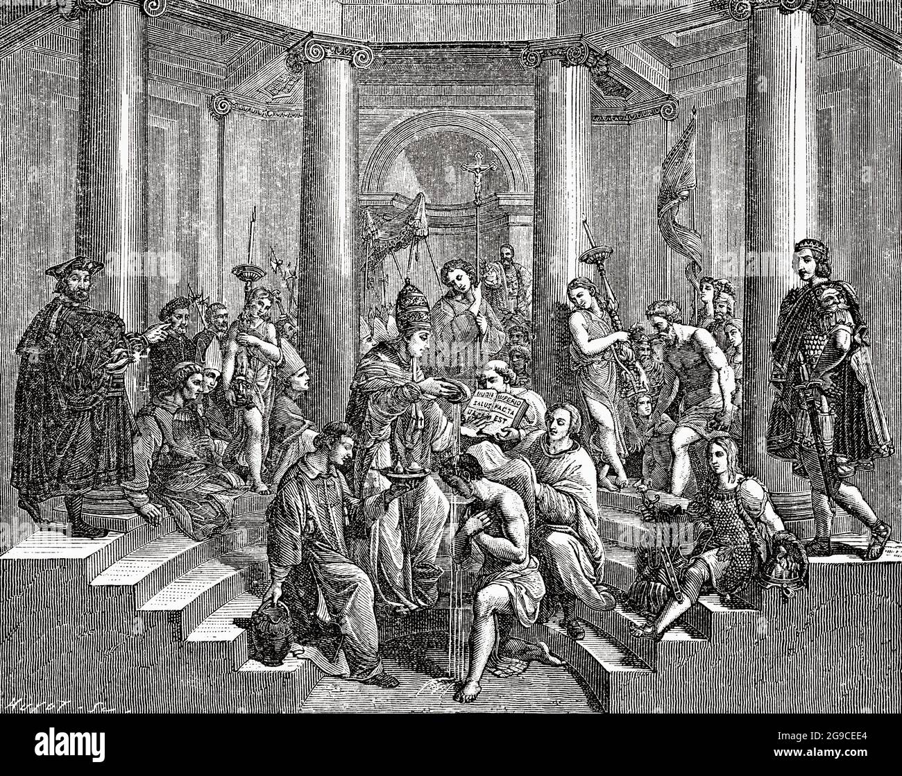 The Baptism of Constantine. Fresco Room of Constantine by Raphael, Apostolic Palace, Vatican Museums. Vatican city, Rome, Italy. Old 19th century engraved illustration from Jesus Christ by Veuillot 1881 Stock Photo