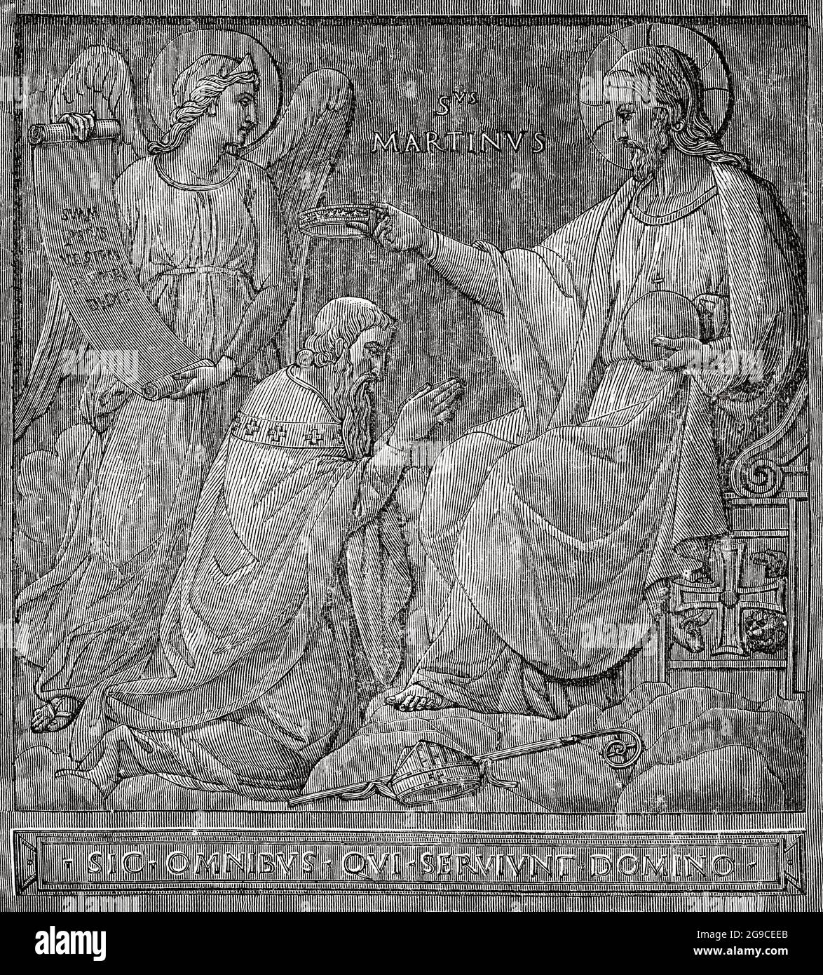 Jesus crowns Saint Martin enlightened apostle of France. Old 19th century engraved illustration from Jesus Christ by Veuillot 1881 Stock Photo