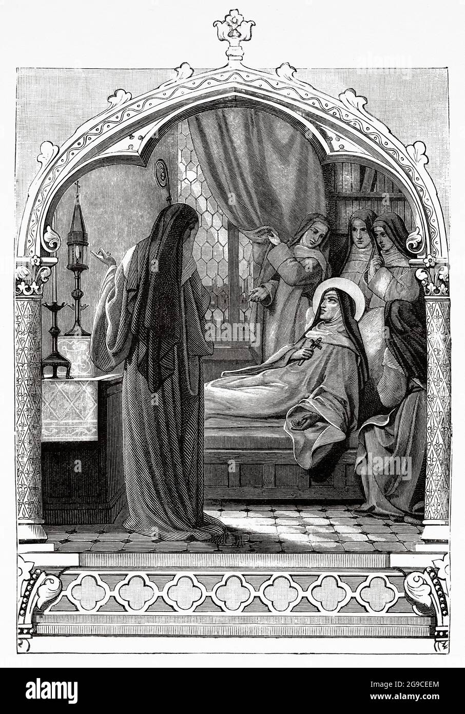 Sainte Julienne de Mont-Cornillon (Retinnes 1193 - Fosses-la-Ville 1258) He dedicated much of his life to promoting the Corpus Christi devotion, whose feast was established in 1264 by Pope Urban IV. Old 19th century engraved illustration from Jesus Christ by Veuillot 1881 Stock Photo