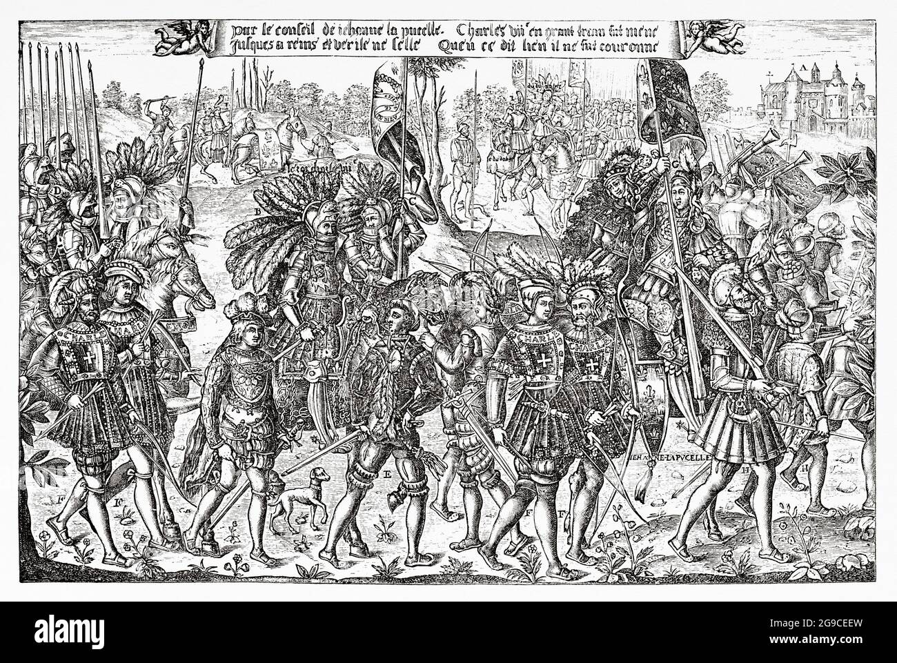 Entry of Emperor Charles VII into Reims under the guidance of Joan of Arc. Old 19th century engraved illustration from Jesus Christ by Veuillot 1881 Stock Photo