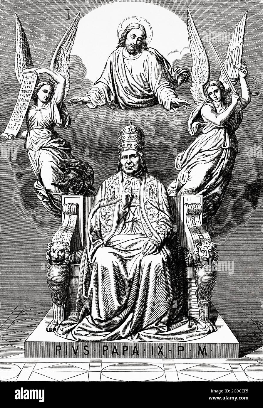 Pope Pius IX. Jesus Christ protects him and the angels represent justice and mercy. Giovanni Maria Mastai Ferretti (1792-1878) elected Pope in 1846. Pius proclaimed the dogma of the Immaculate Conception in 1854, and in 1869 convened the First Vatican Council. Old 19th century engraved illustration from Jesus Christ by Veuillot 1881 Stock Photo