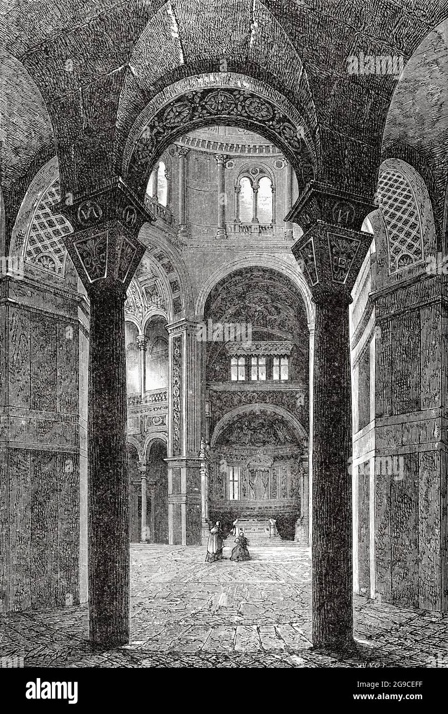 Inside view of the church San Vitale to Ravenna, Emilia Romagna. Italy, Europe. Old 19th century engraved illustration from Jesus Christ by Veuillot 1881 Stock Photo