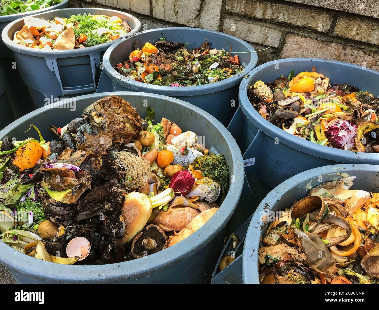 Discarded fruits and vegetables sit in trash cans at a New York